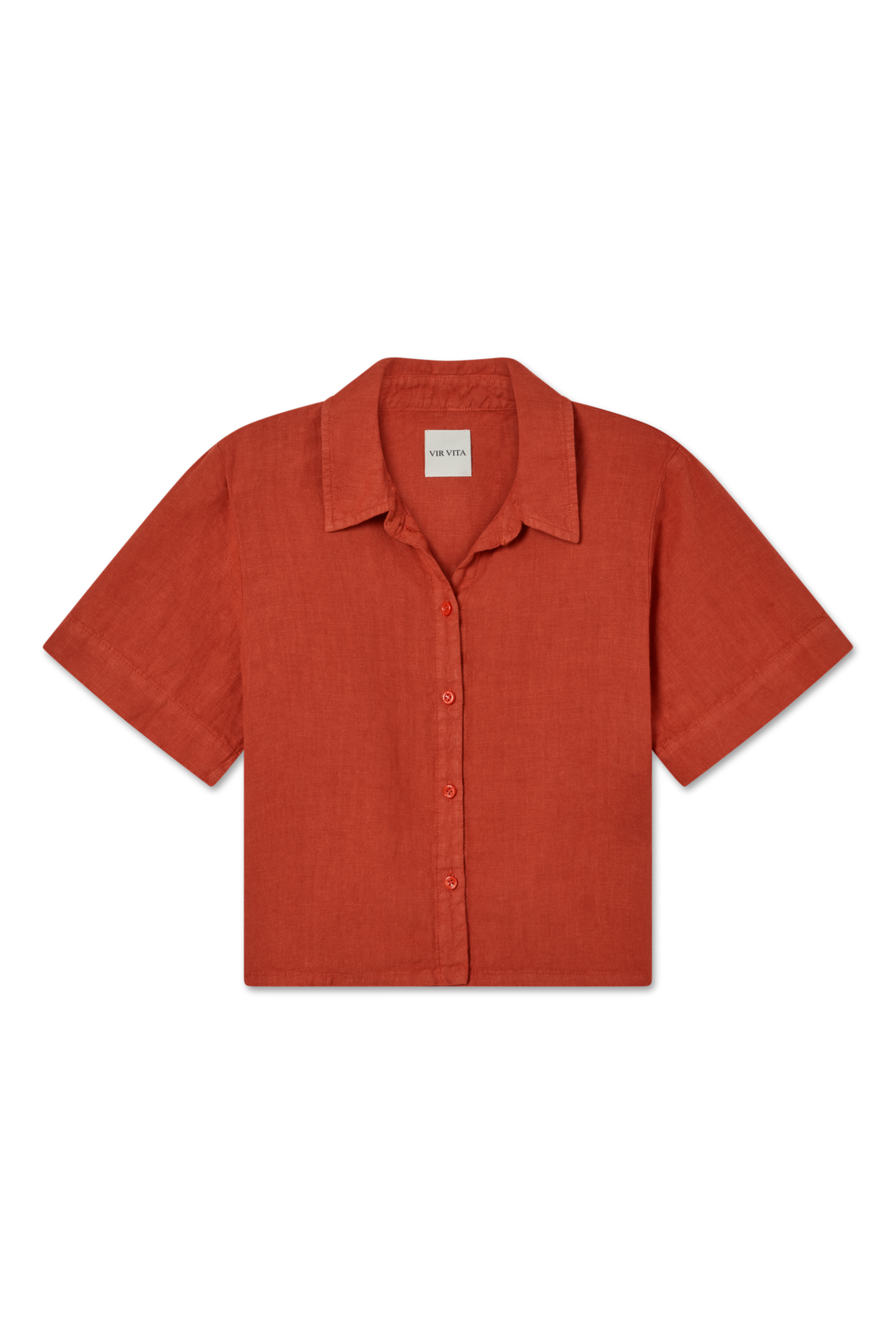 Sustainable red button up short sleeve 100% linen shirt featuring a minimalist collar and flattering silhouette - VIR VITA
#color_apple red