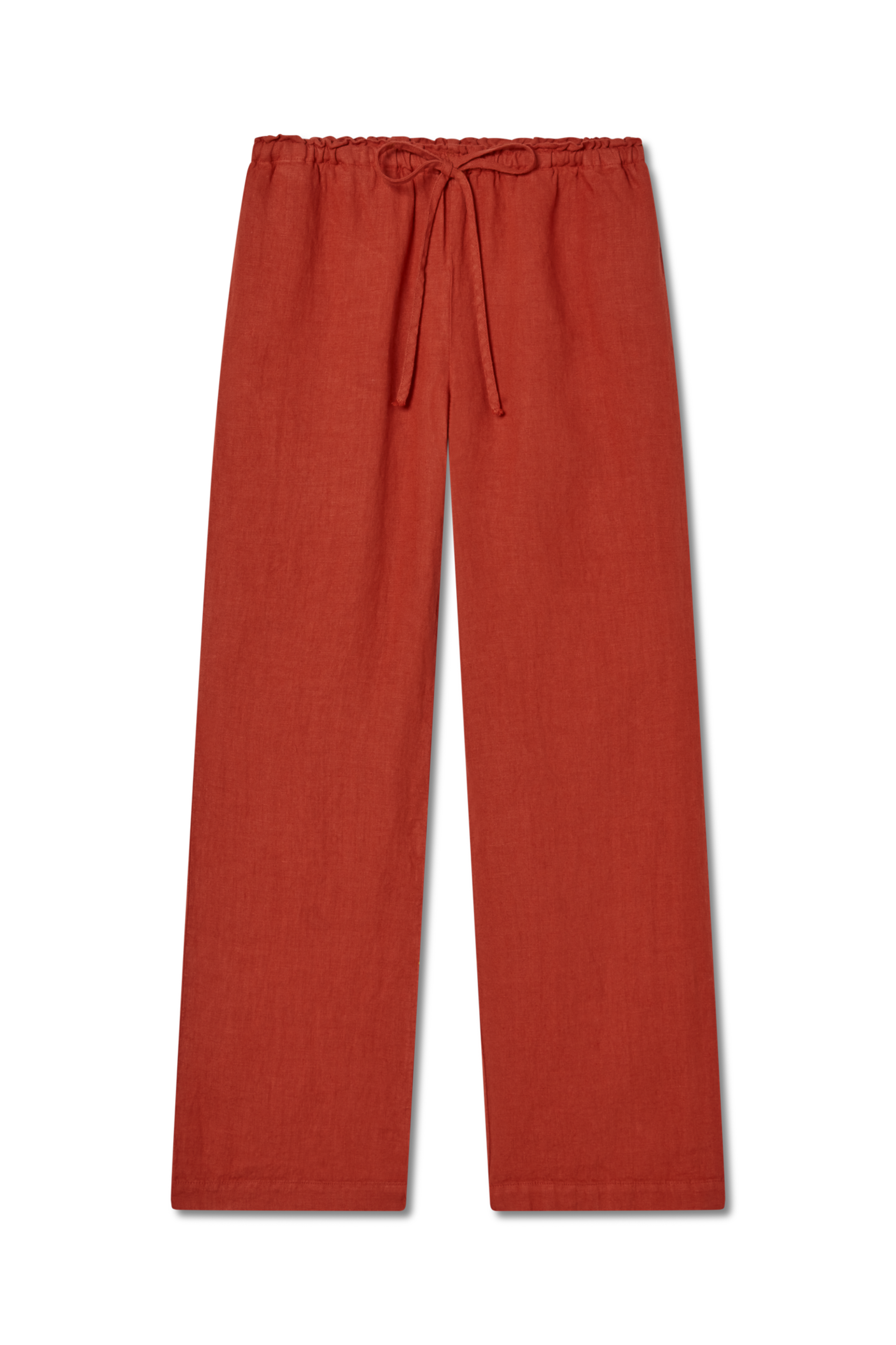 Sustainable red drawstring linen pant made of 100% linen featuring a relaxed straight-leg fit - VIR VITA
#color_apple red