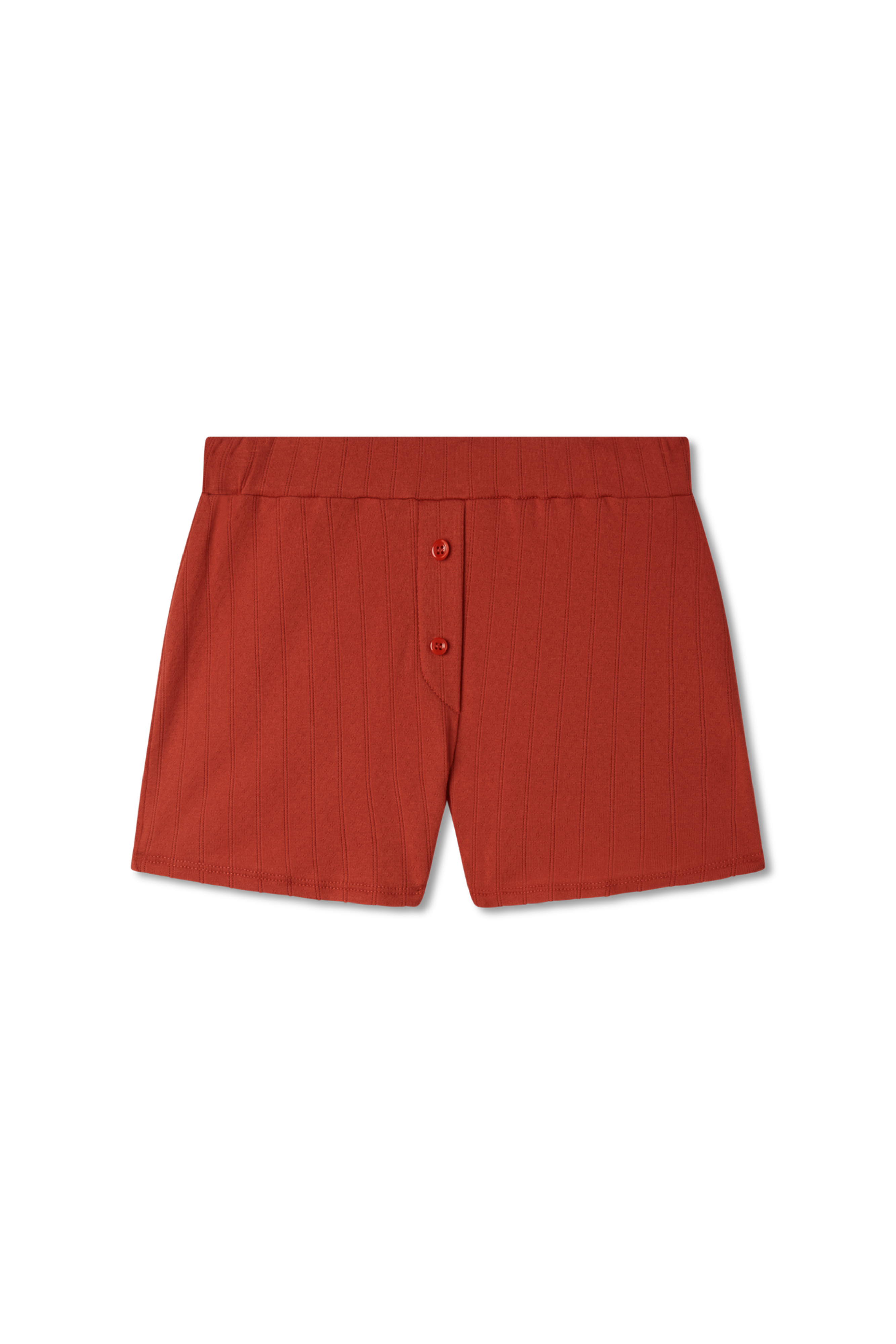 Sustainable pointelle lounge short made of 100% recycled cotton featuring a relaxed fit in red - VIR VITA
#color_apple red