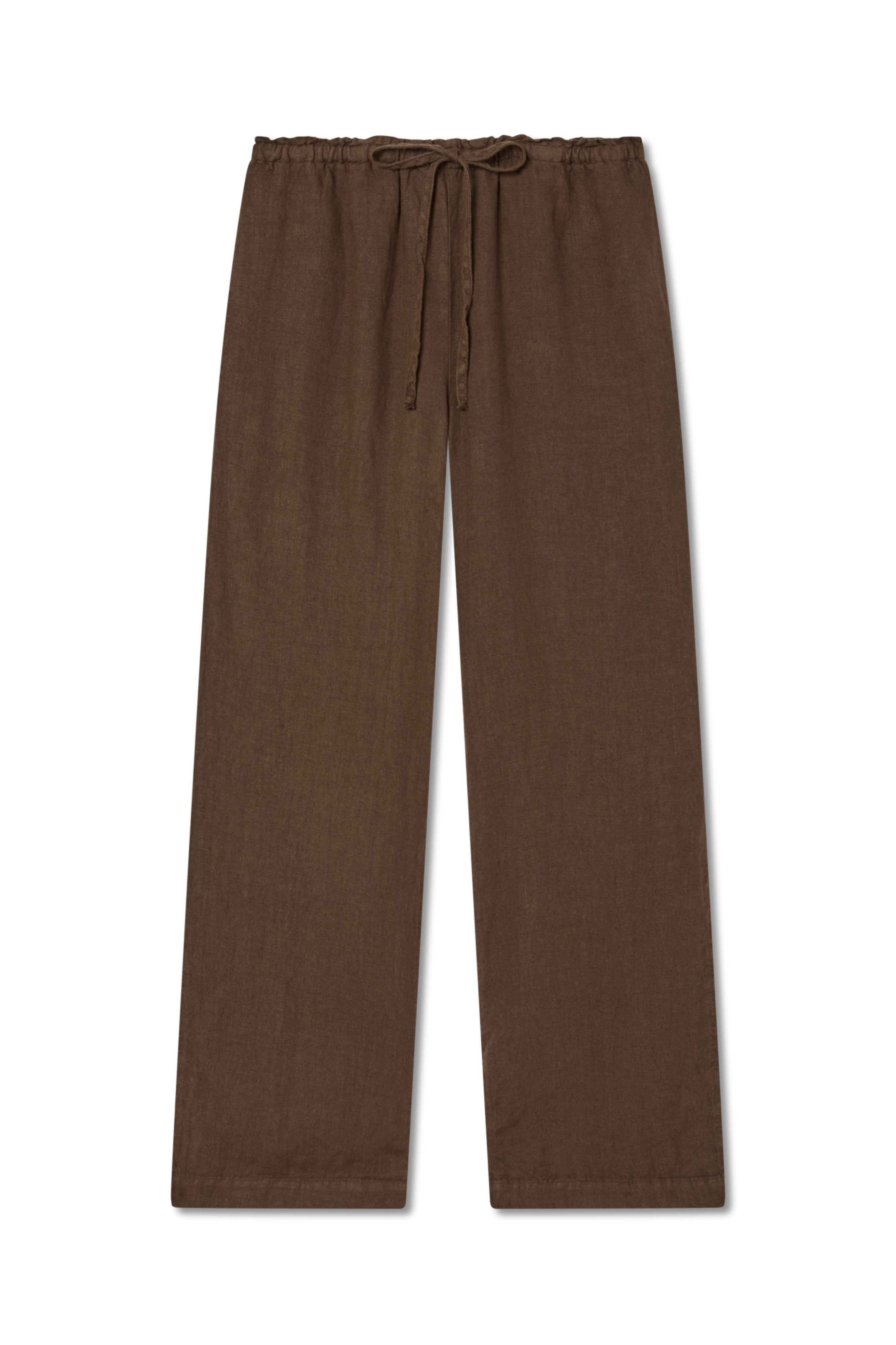 Sustainable dark brown drawstring linen pant made of 100% linen featuring a relaxed straight-leg fit - VIR VITA #color_chestnut