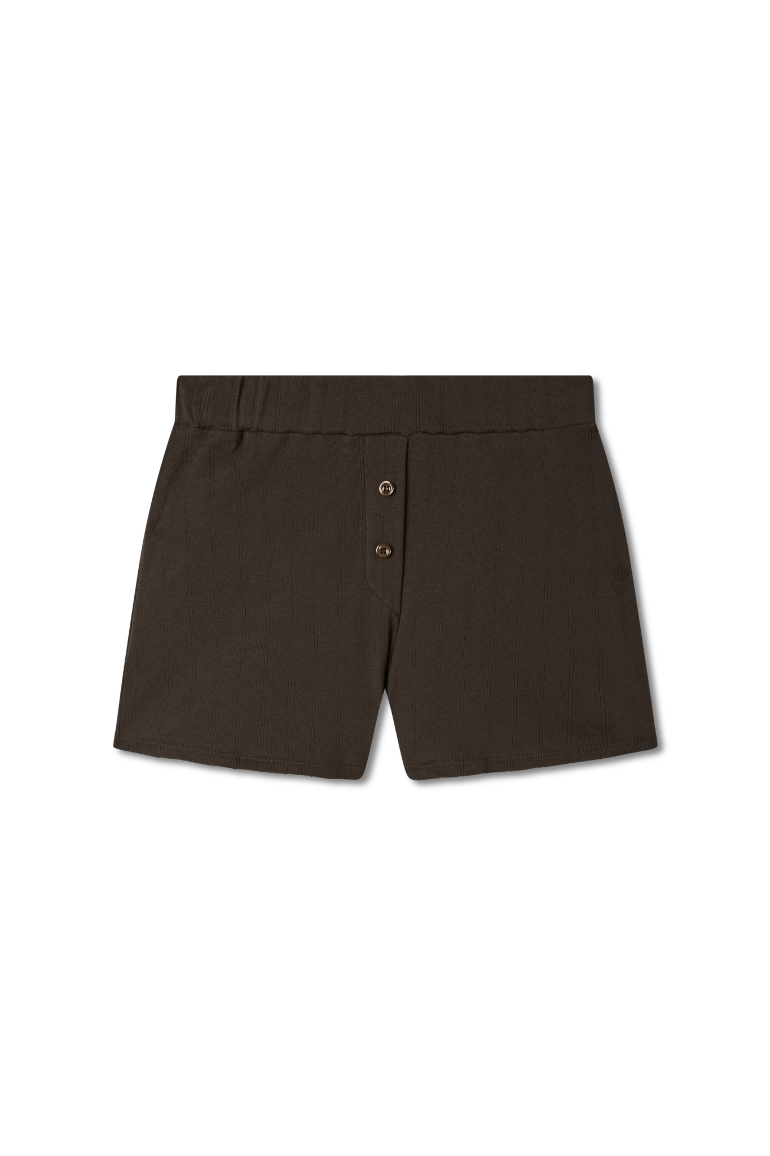 Sustainable pointelle lounge short made of 100% recycled cotton featuring a relaxed fit in dark brown - VIR VITA
#color_espresso