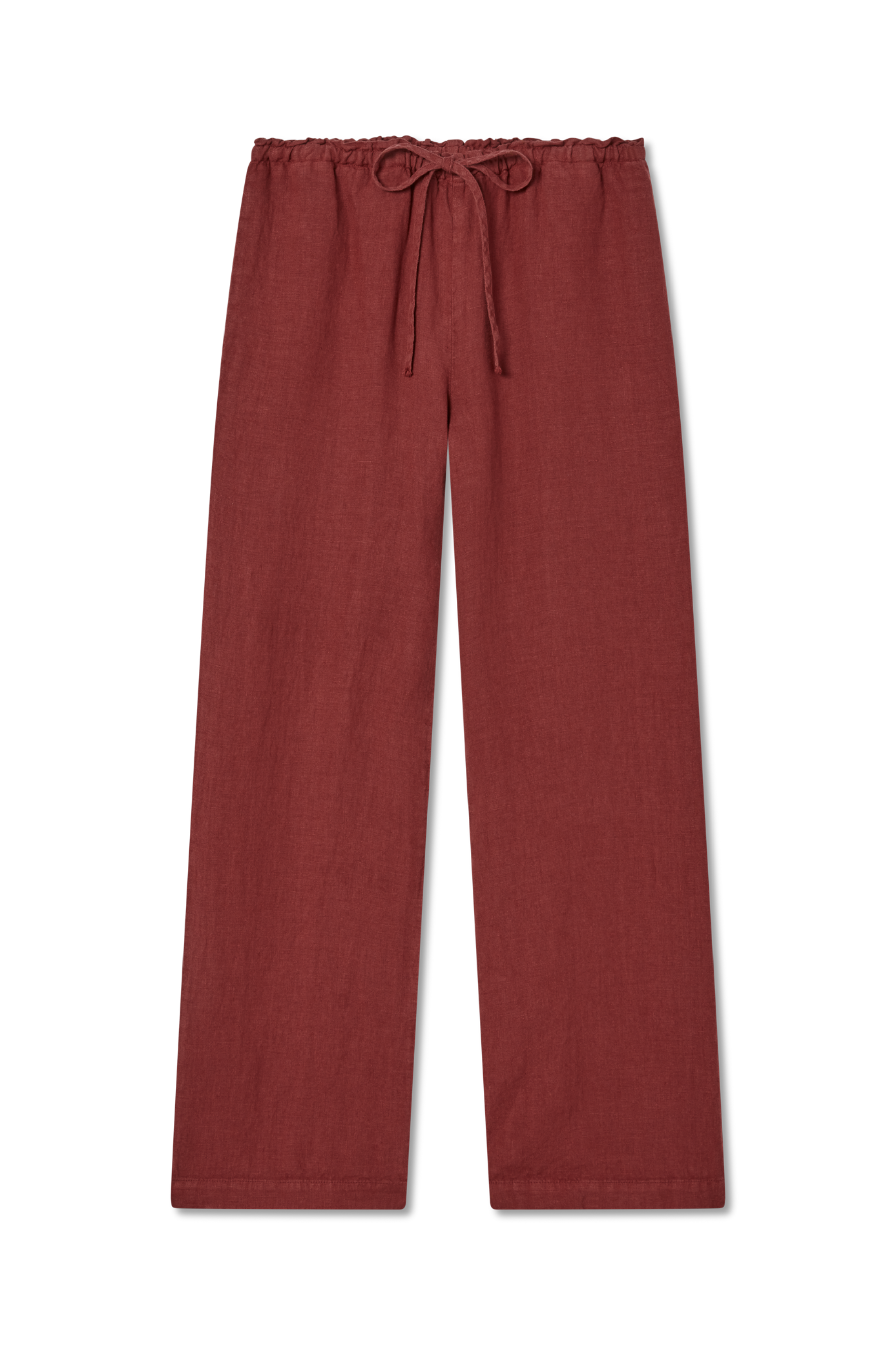 Sustainable dark red drawstring linen pant made of 100% linen featuring a relaxed straight-leg fit - VIR VITA
#color_sun dried tomato