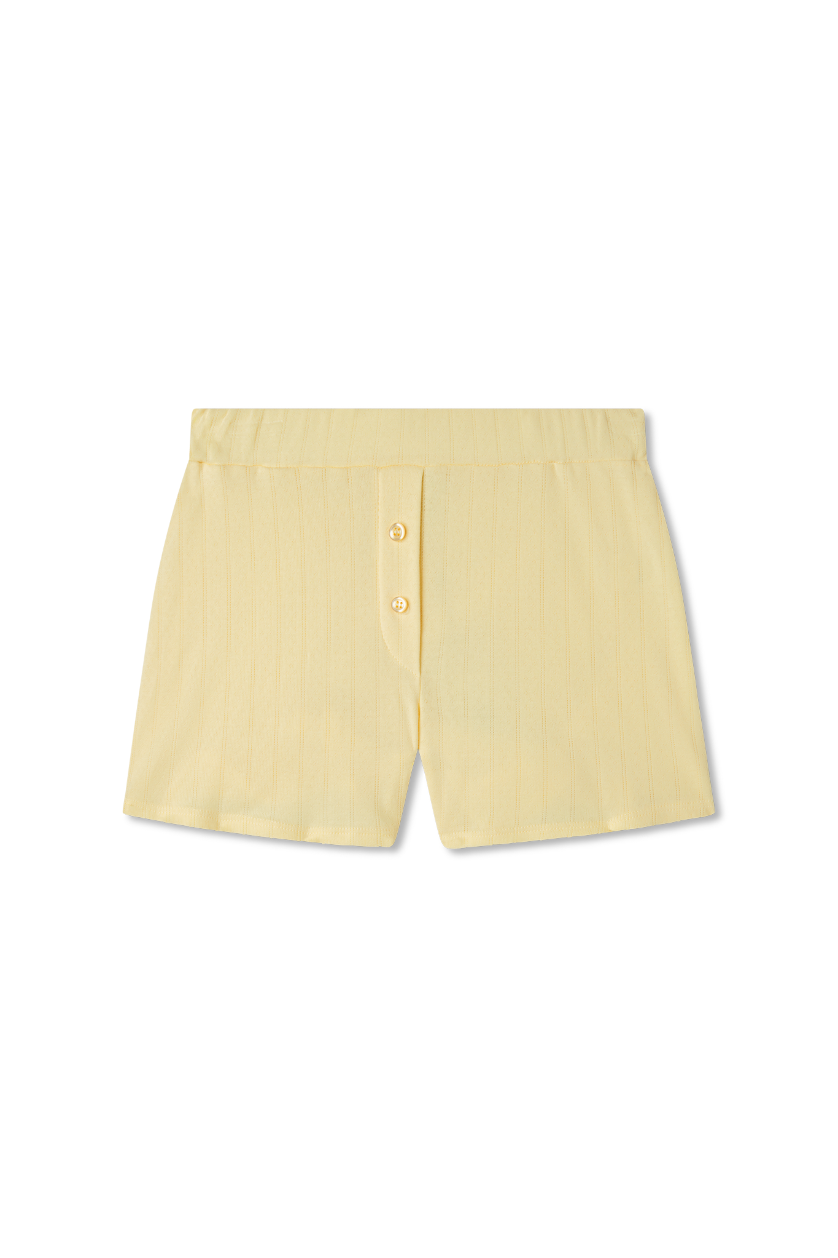 Sustainable pointelle lounge short made of 100% recycled cotton featuring a relaxed fit in pale yellow- VIR VITA
#color_butter