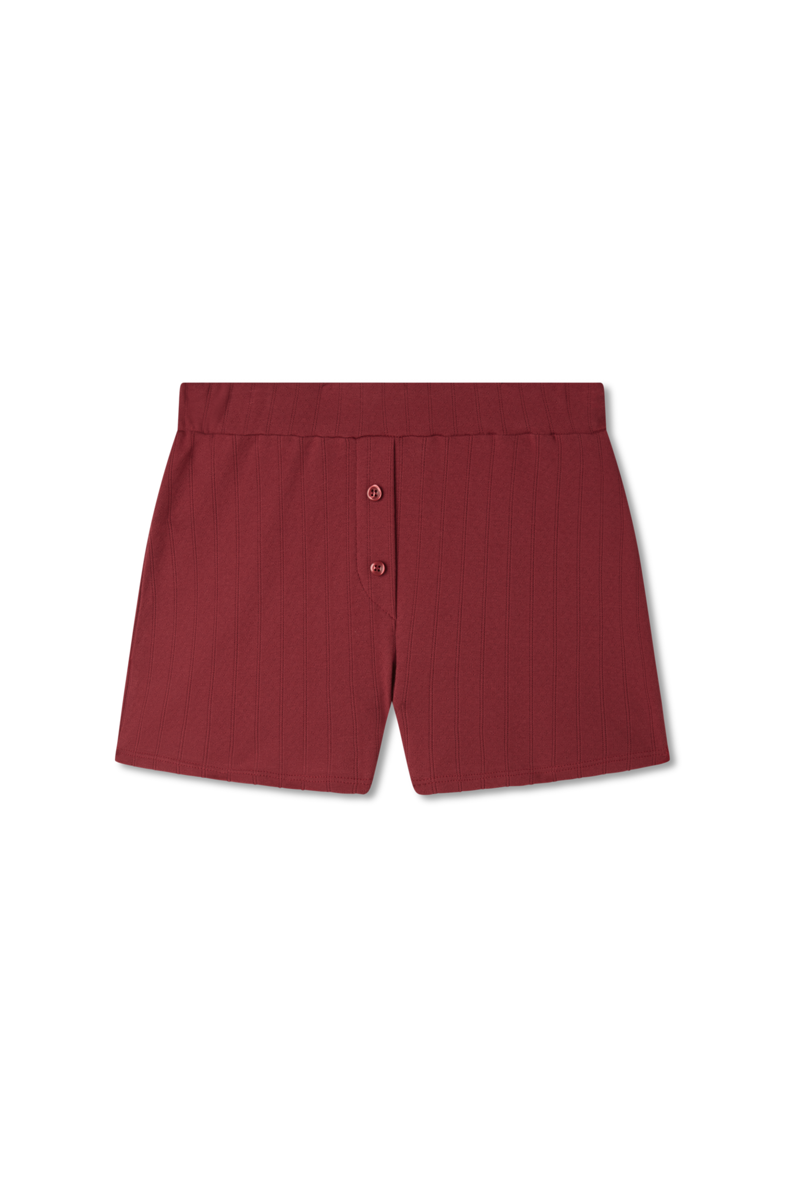 Sustainable pointelle lounge short made of 100% recycled cotton featuring a relaxed fit in dark red - VIR VITA
#color_sun dried tomato