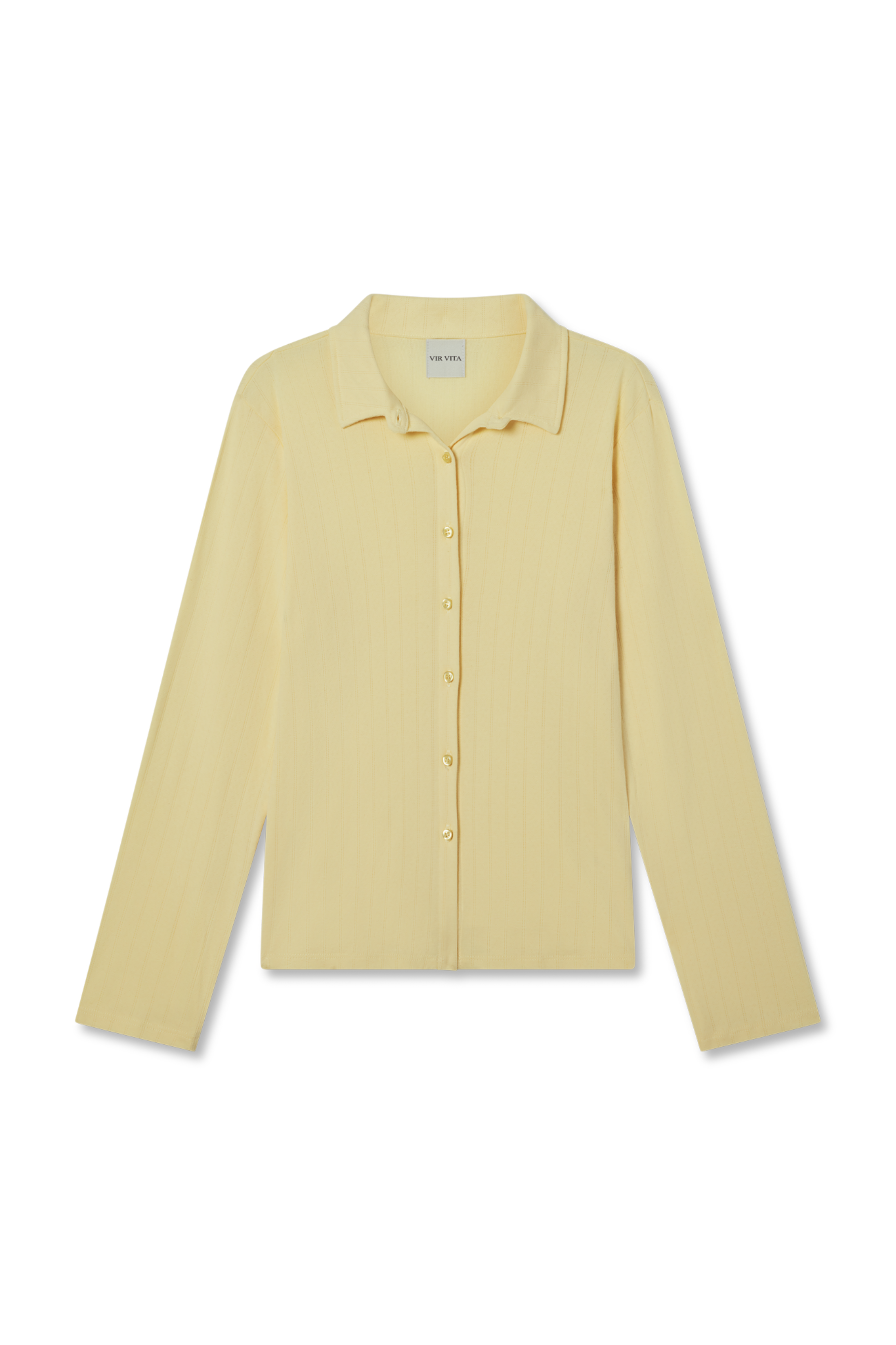 Sustainable 100% cotton pale yellow pointelle relaxed cardigan with collar and matching italian buttons. Classic, timeless, elegant, french style. Natural organic clothing - VIR VITA
#color_butter