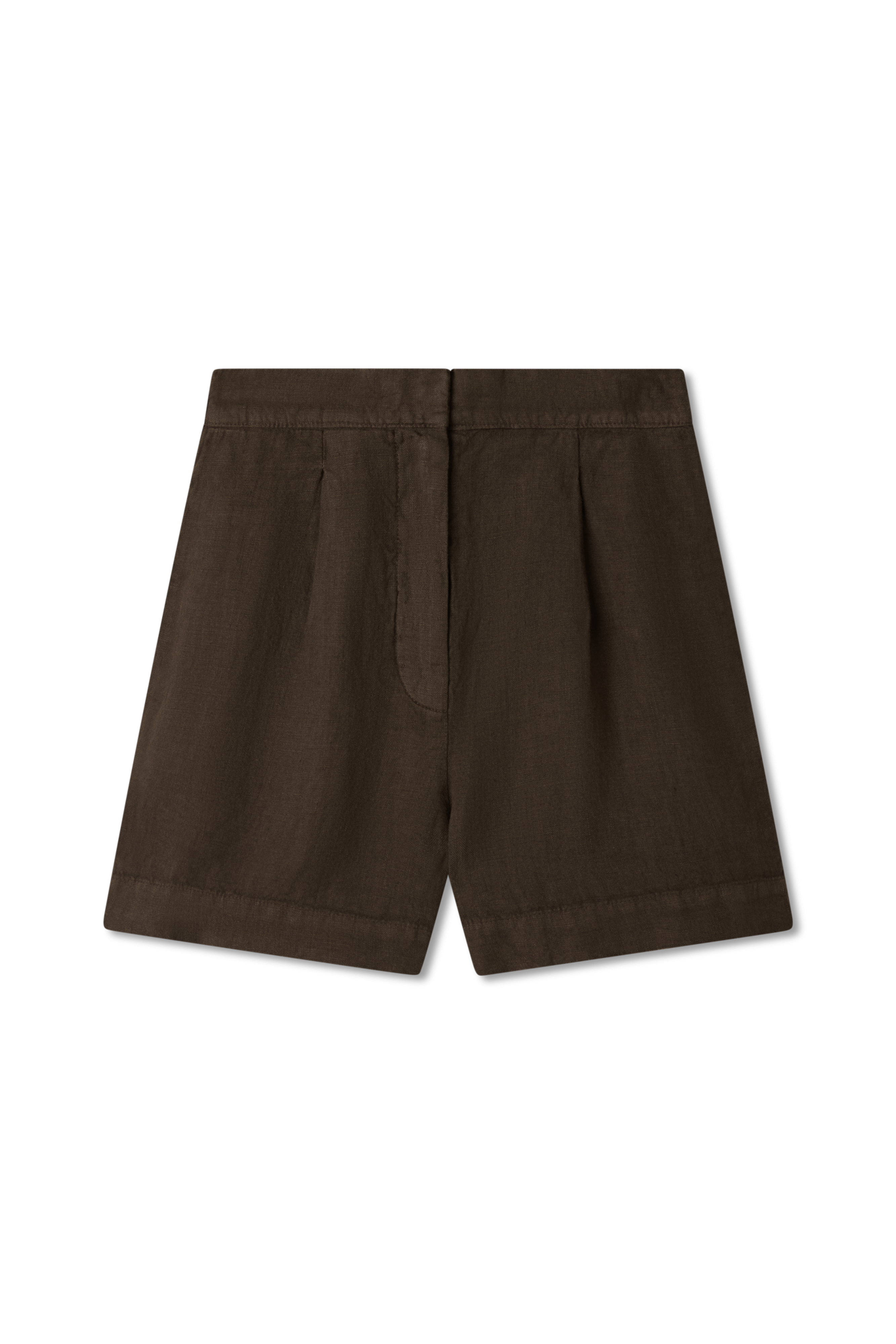 100% linen relaxed short featuring double pleats in dark brown - VIR VITA #color_chestnut
