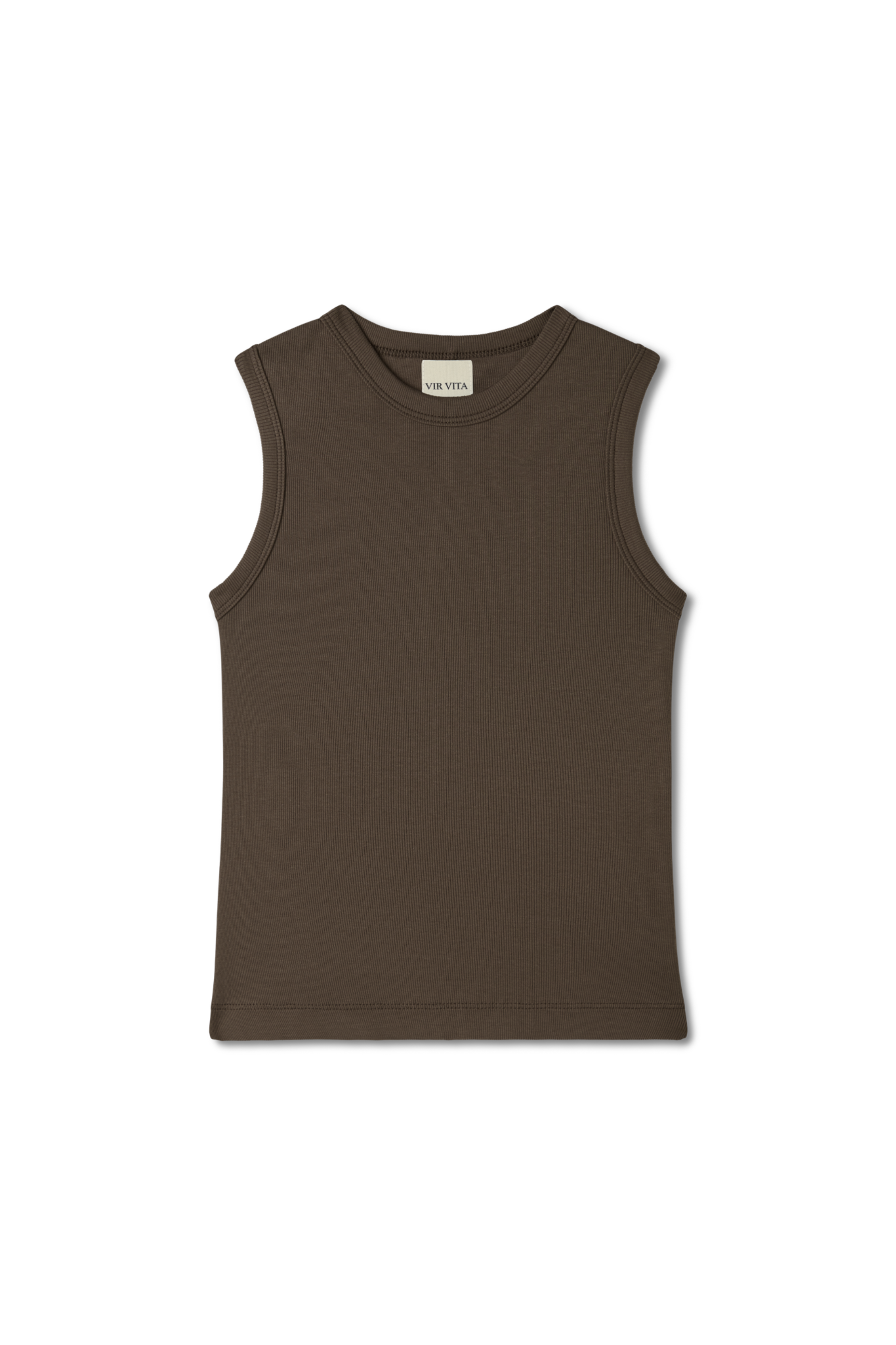 Luxurious supima cotton tank top featuring a fitted silhouette with a high neckline in dark brown- VIR VITA
#color_chestnut