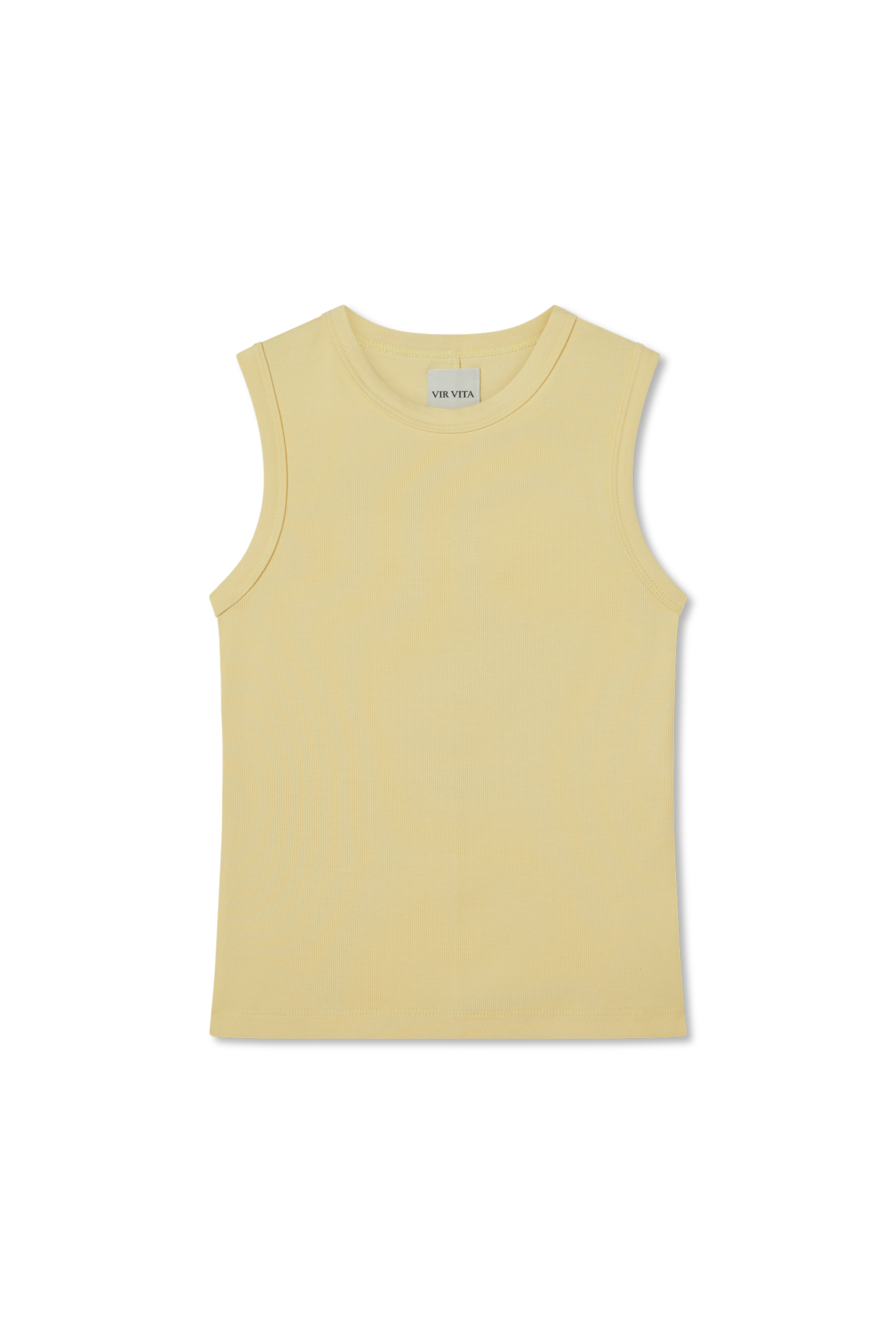 Luxurious supima cotton tank top featuring a fitted silhouette with a high neckline in pale yellow- VIR VITA
#color_butter