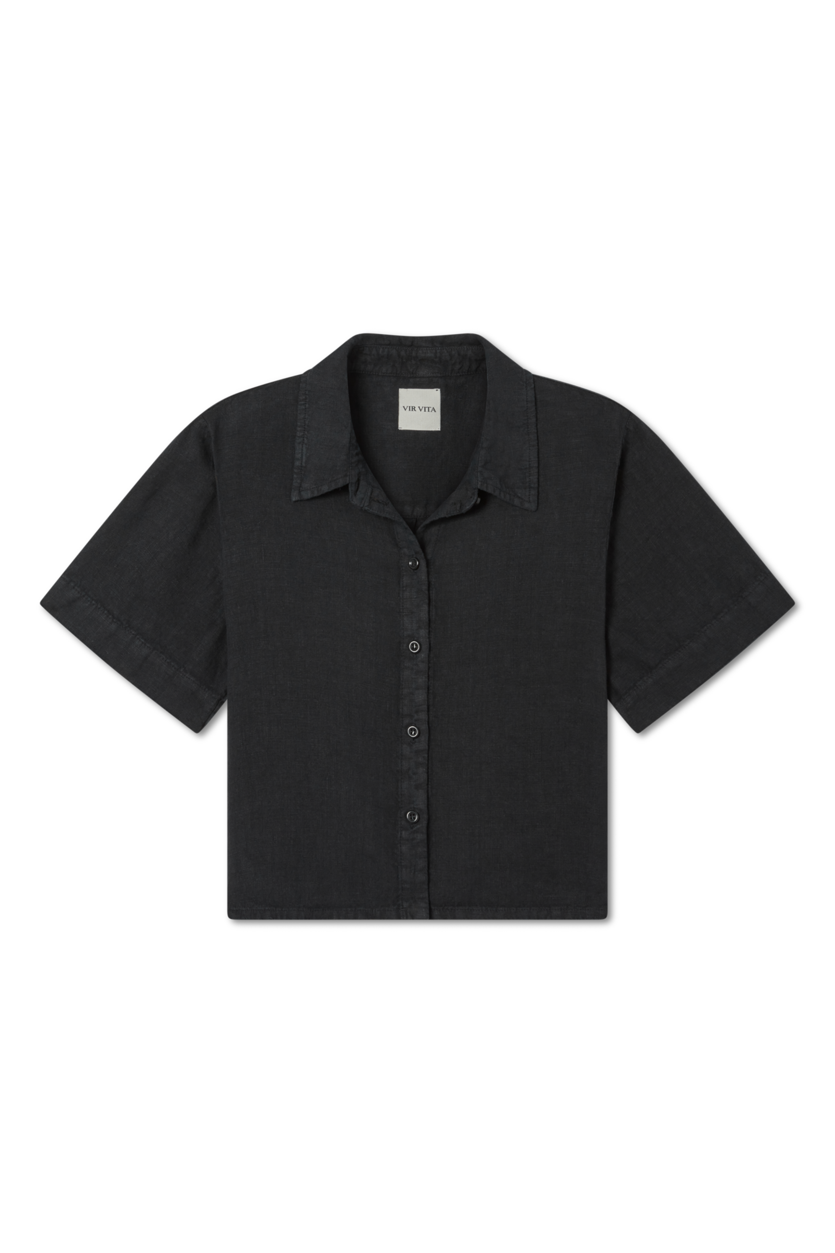 Sustainable black button up short sleeve 100% linen shirt featuring a minimalist collar and flattering silhouette - VIR VITA
#color_black