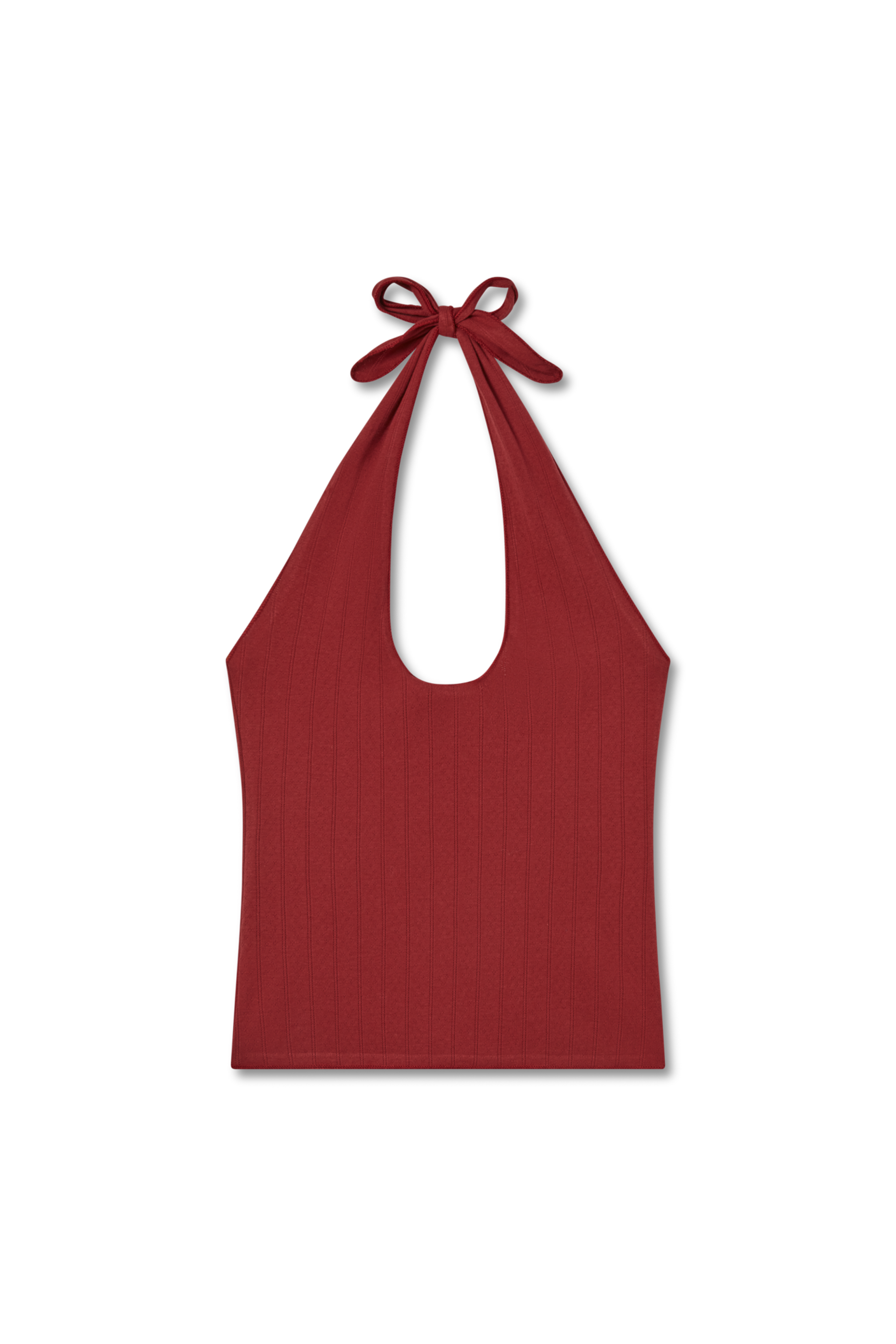 Pointelle halter top made of 100% recycled cotton in dark red - VIR VITA
#color_sun dried tomato