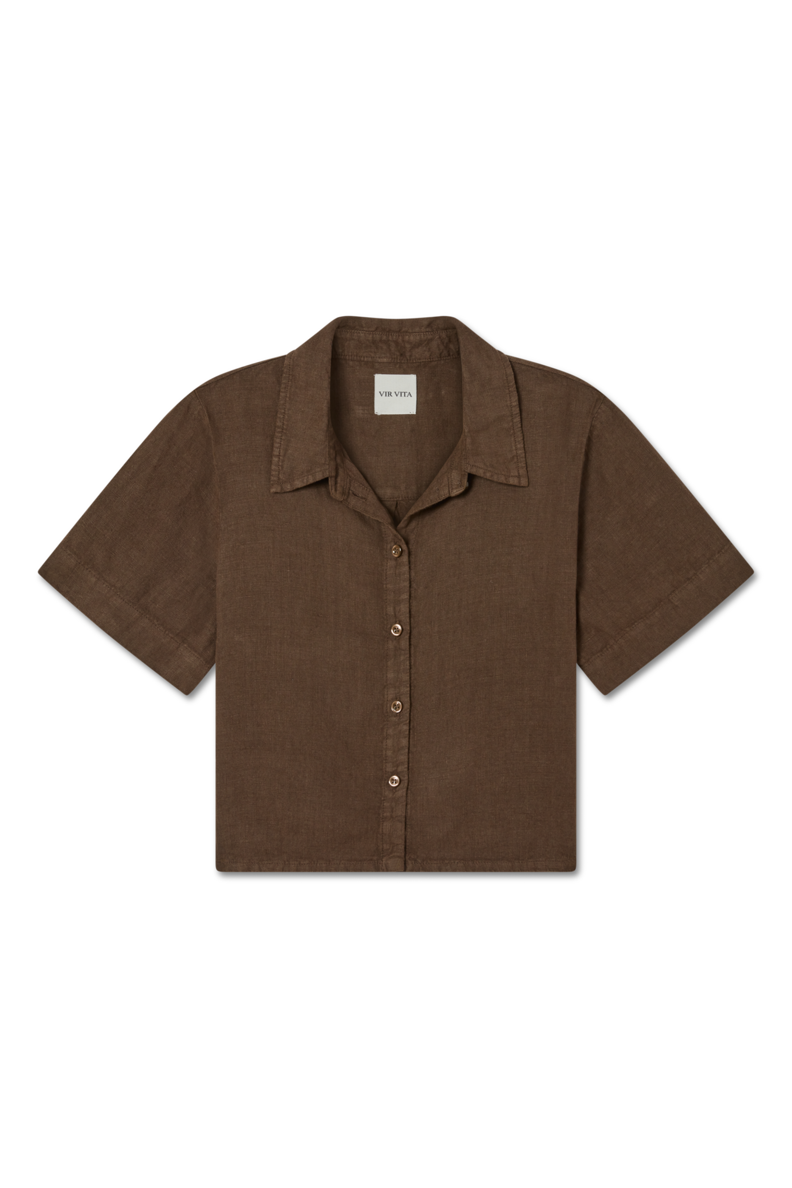 Sustainable dark brown button up short sleeve 100% linen shirt featuring a minimalist collar and flattering silhouette - VIR VITA
#color_chestnut