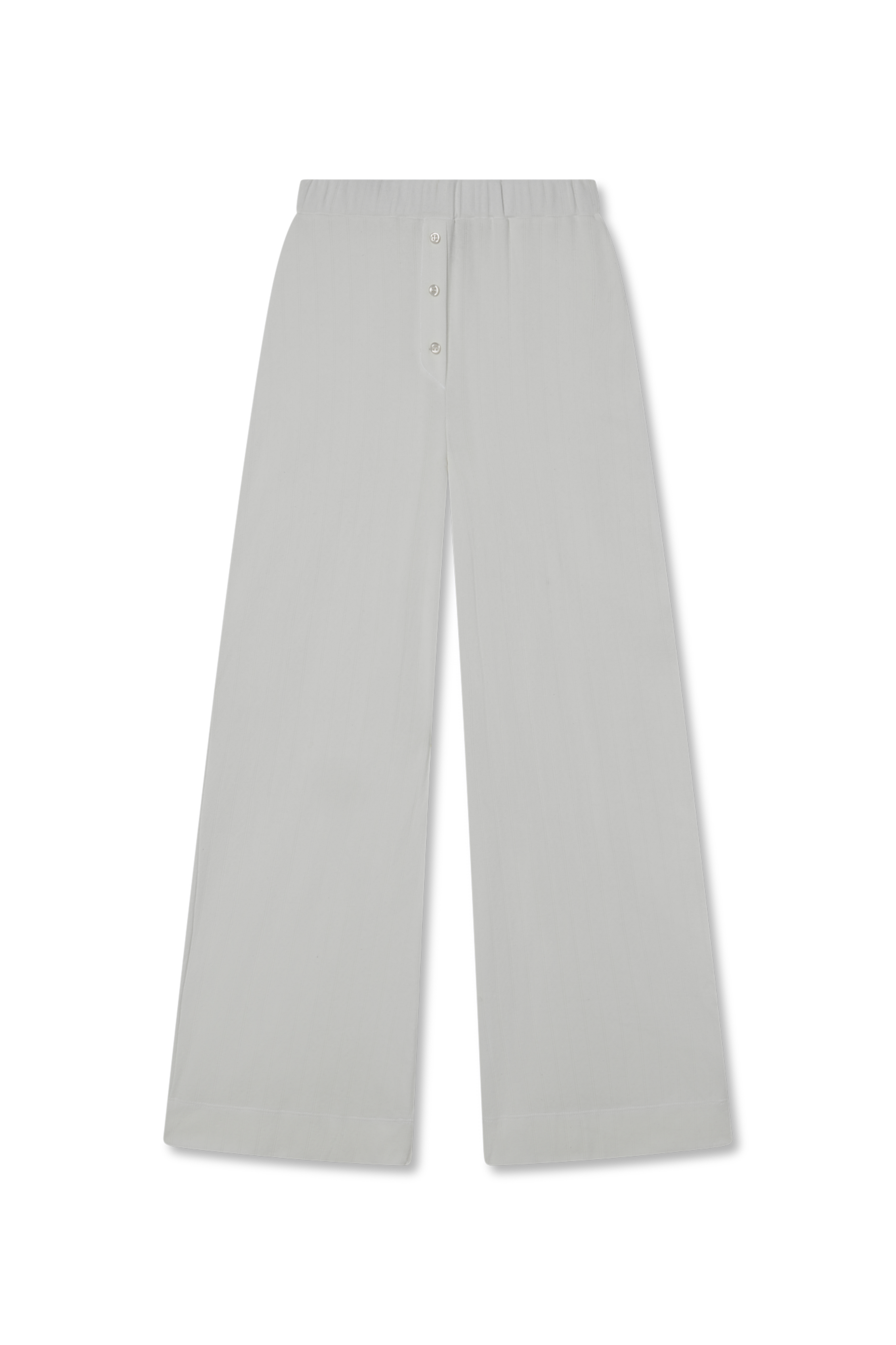 Sustainable pointelle lounge pants made of 100% recycled cotton featuring a relaxed straight leg fit in white bridal- VIR VITA
#color_coconut