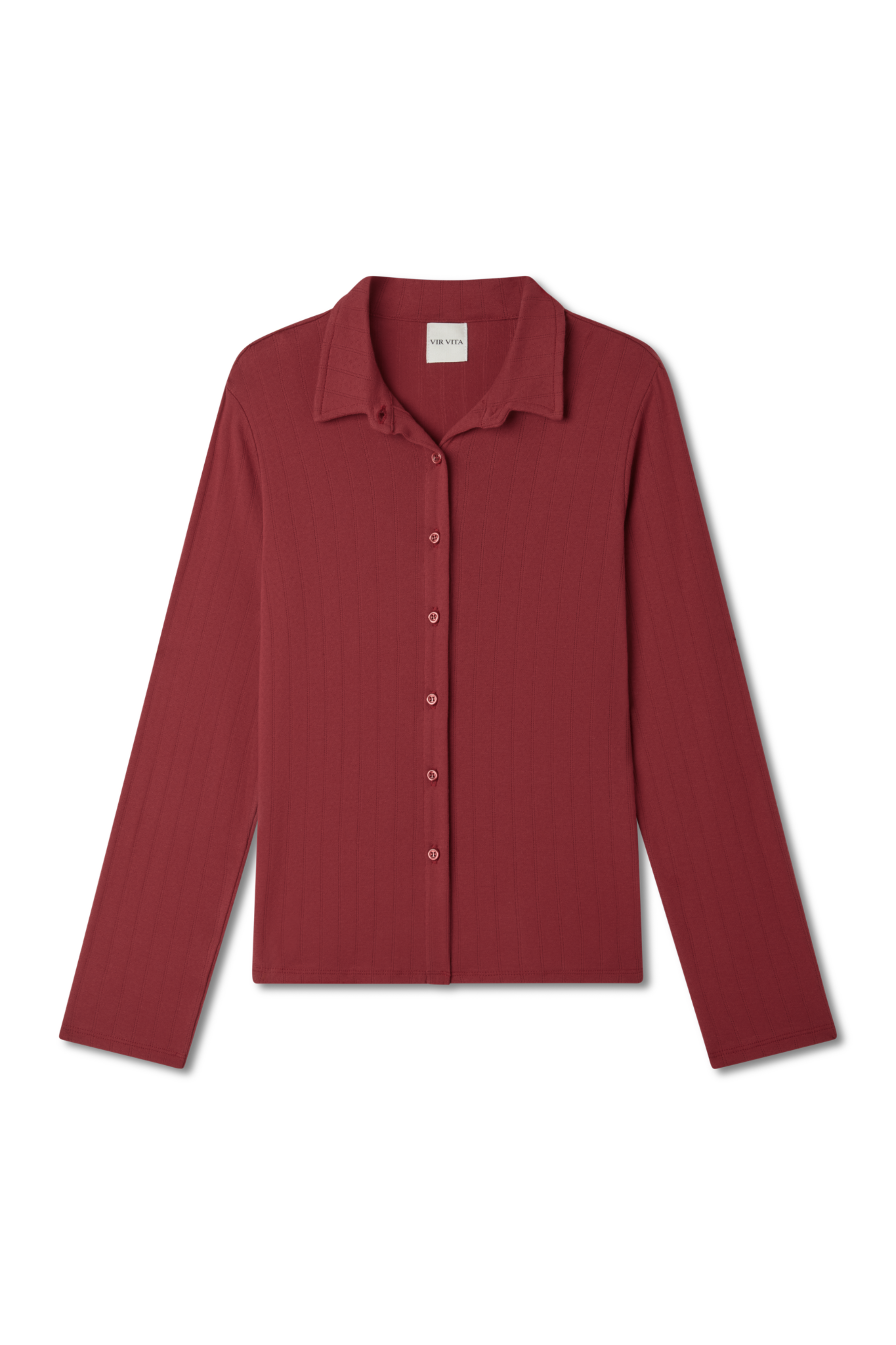 Sustainable 100% cotton dark red pointelle relaxed cardigan with collar and matching italian buttons. Classic, timeless, elegant, french style. Natural organic clothing - VIR VITA
#color_sun dried tomato