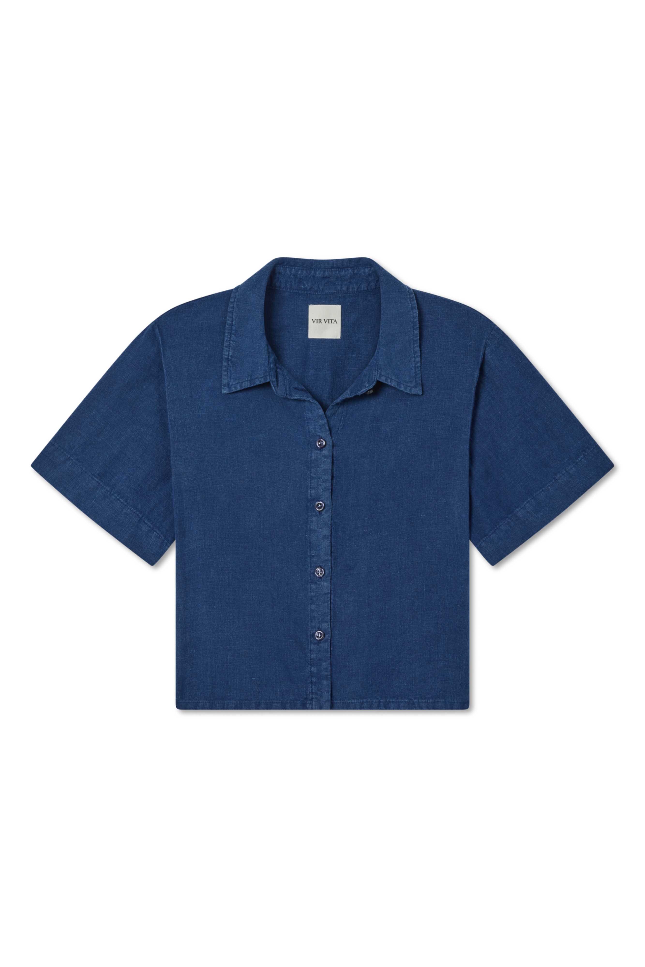 Sustainable navy blue button up short sleeve 100% linen shirt featuring a minimalist collar and flattering silhouette - VIR VITA
#color_navy