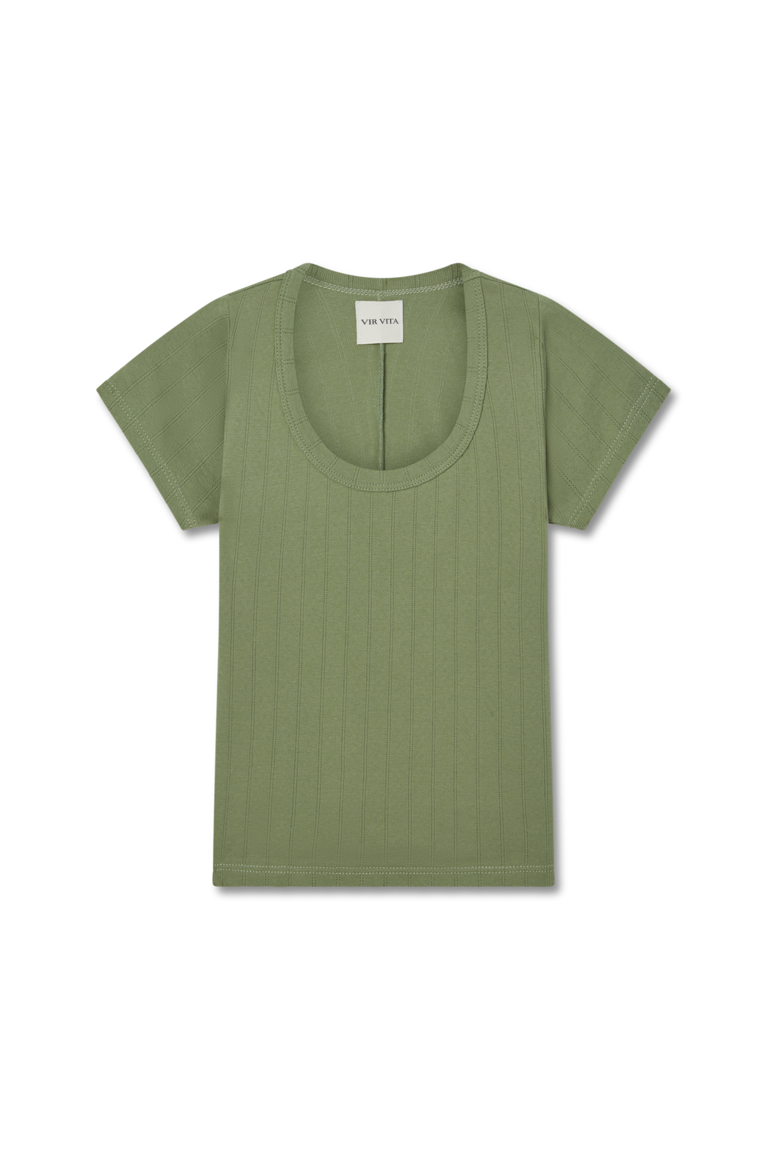 Pointelle tee in sage green made of 100% cotton featuring a flattering scoop neckline - VIR VITA
#color_sage