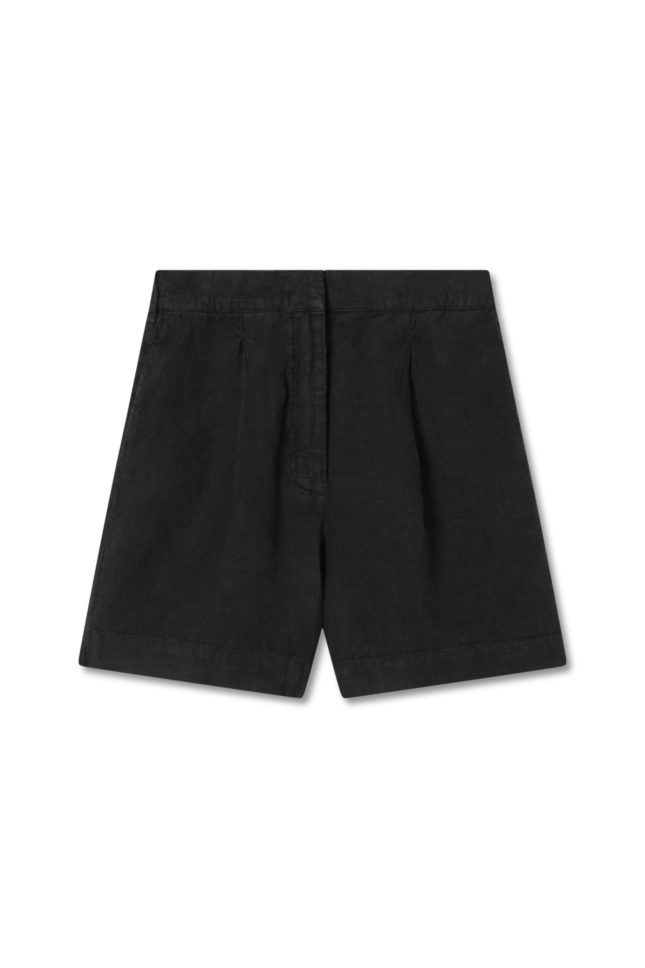 100% linen relaxed shorts featuring double pleats in black - VIR VITA #color_black