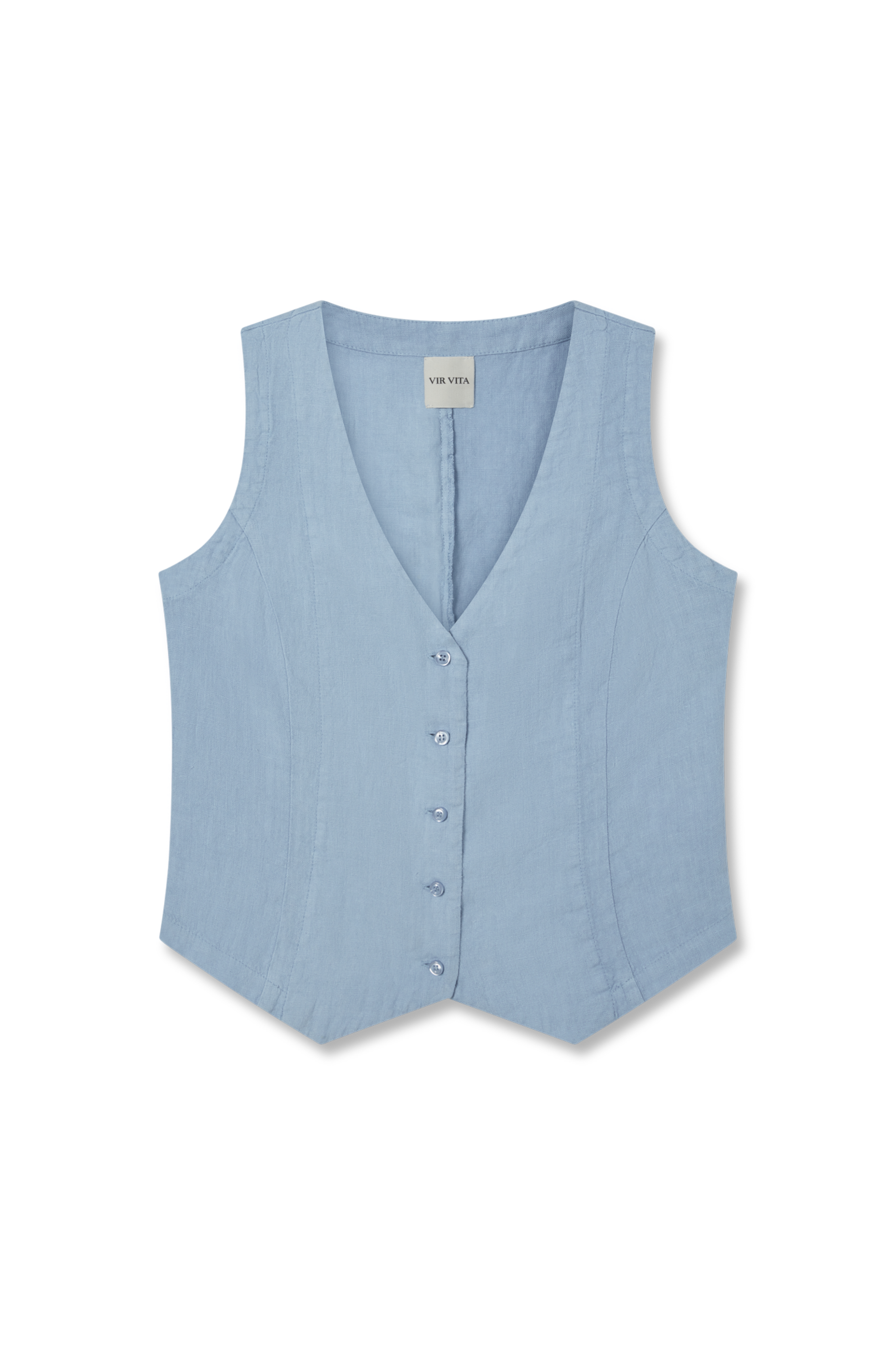 Flat image of a light blue sustainable 100% linen vest with matching Italian handcrafted buttons -VIR VITA
#color_baby blue