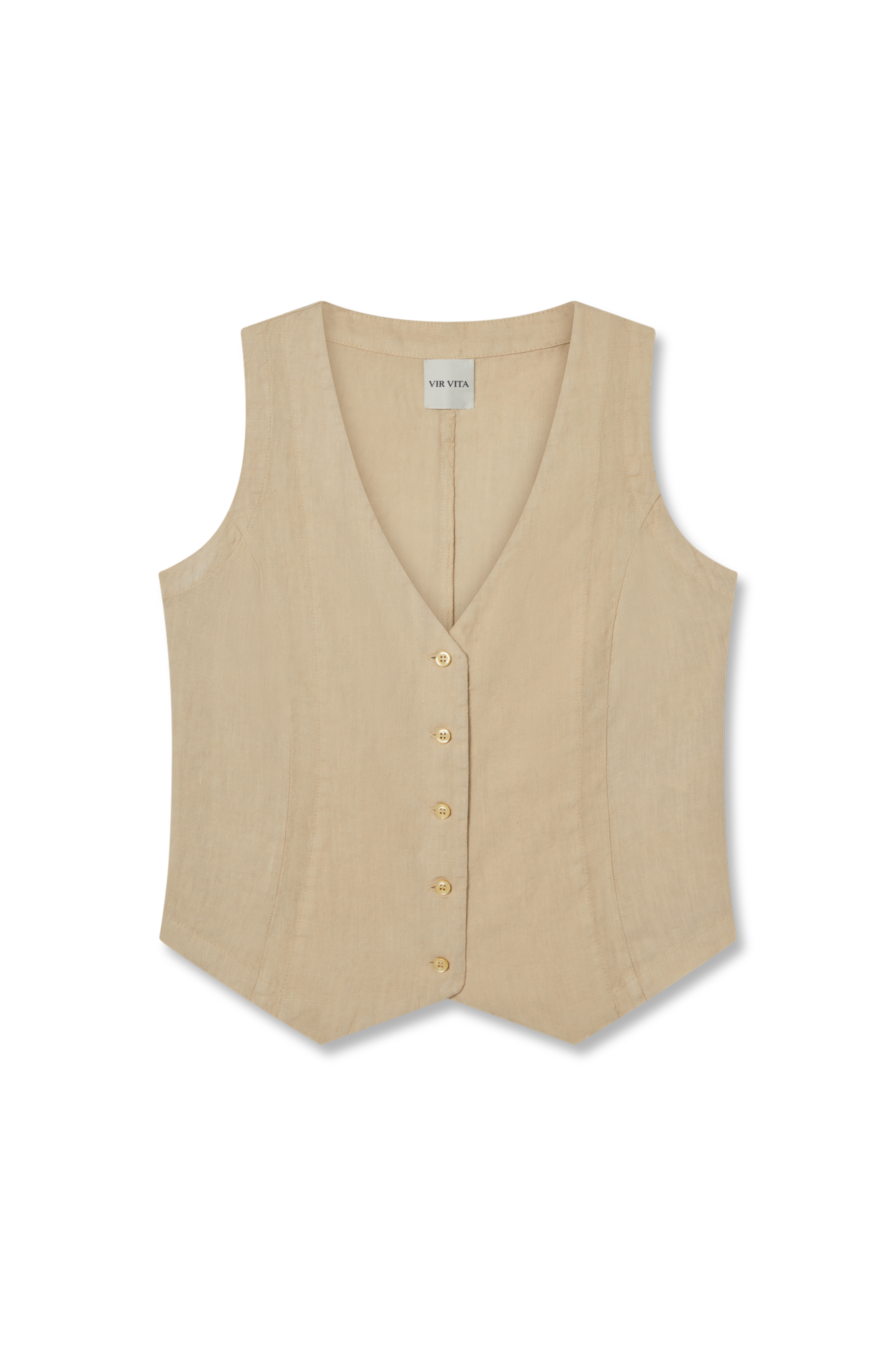 Flat image of a beige 100% linen sustainable vest with matching Italian handcrafted buttons - VIR VITA
#color_beige