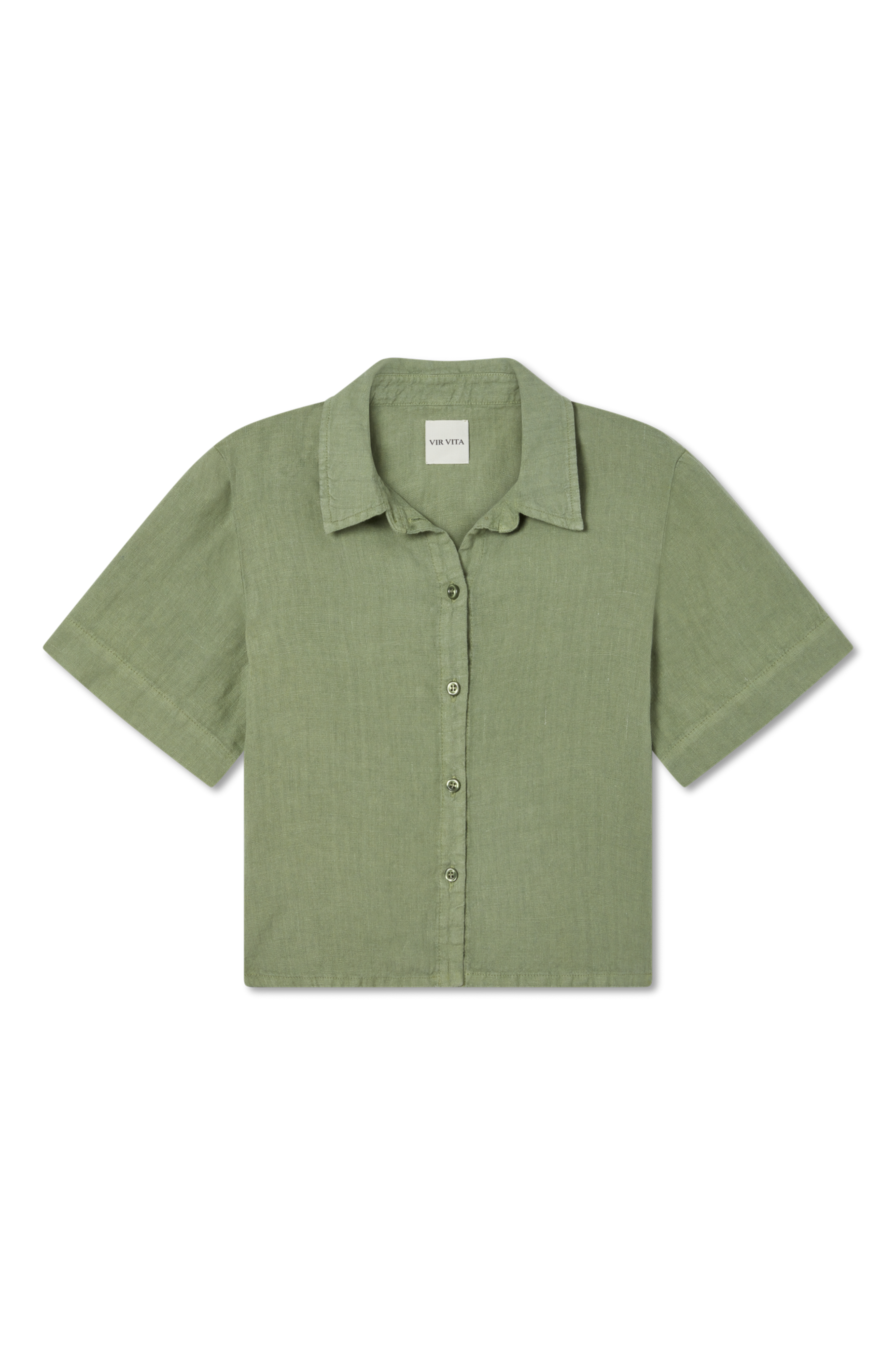 Sustainable sage green button up short sleeve 100% linen shirt featuring a minimalist collar and flattering silhouette - VIR VITA
#color_sage