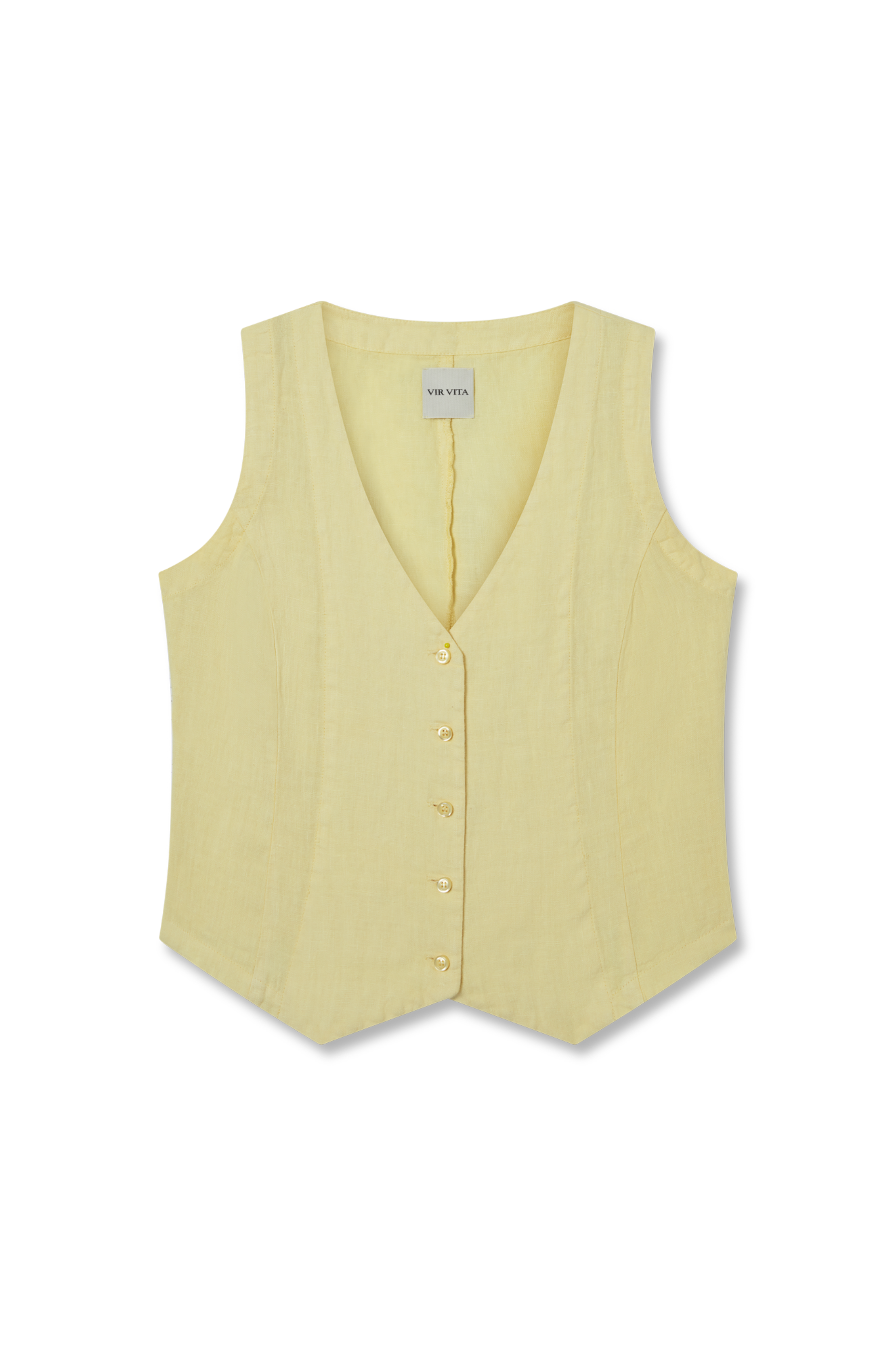 Flat image of a pale yellow sustainable 100% linen vest with matching Italian handcrafted buttons - VIR VITA
#color_butter