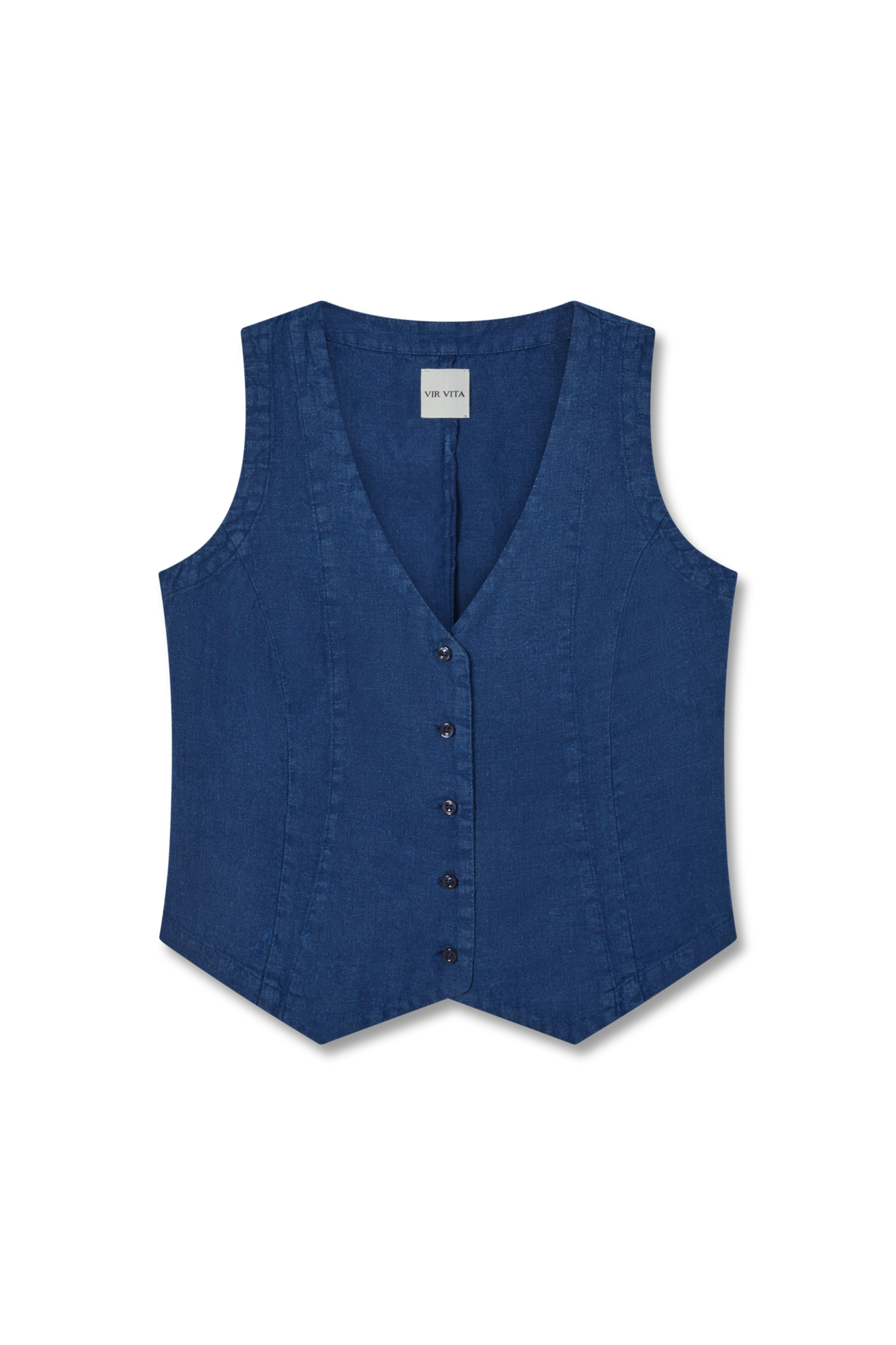 Flat image of a navy blue sustainable 100% linen vest with matching Italian handcrafted buttons- VIR VITA
#color_navy
