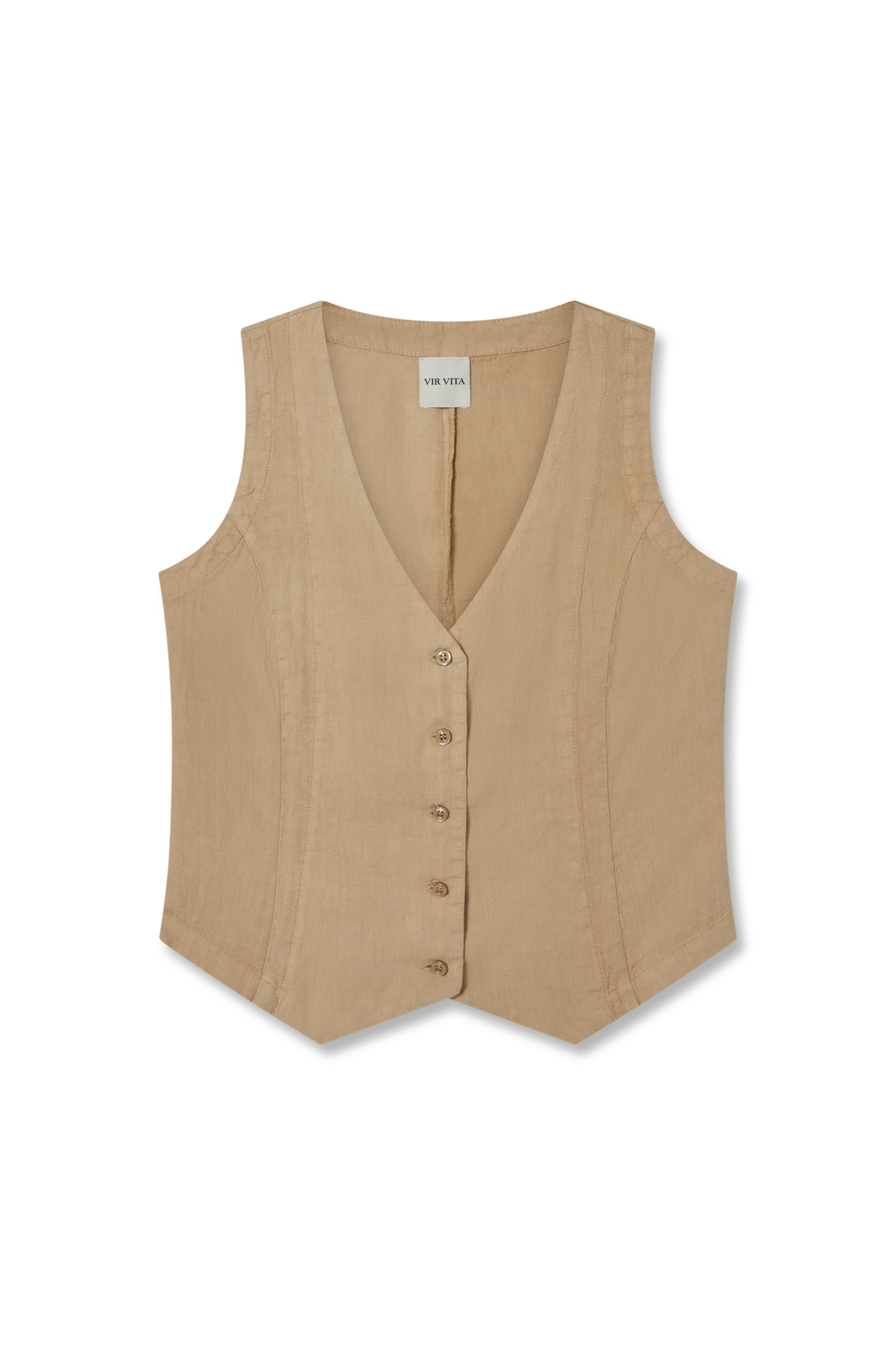 Flat image of a toffee beige sustainable 100% linen vest with matching Italian handcrafted buttons - VIR VITA
#color_toffee