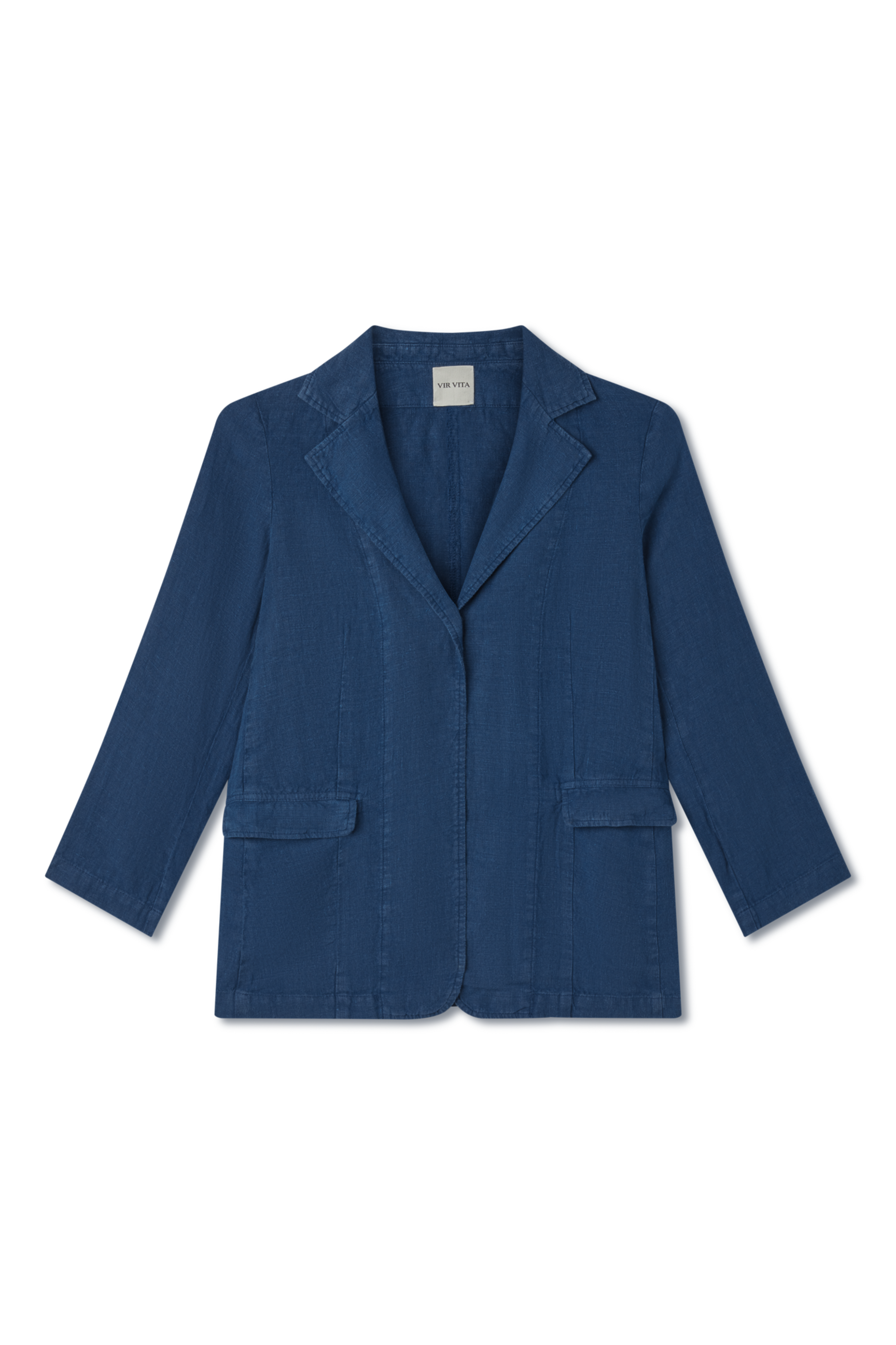100% linen blazer featuring an elegant and classic silhouette in navy blue -VIR VITA
#color_navy