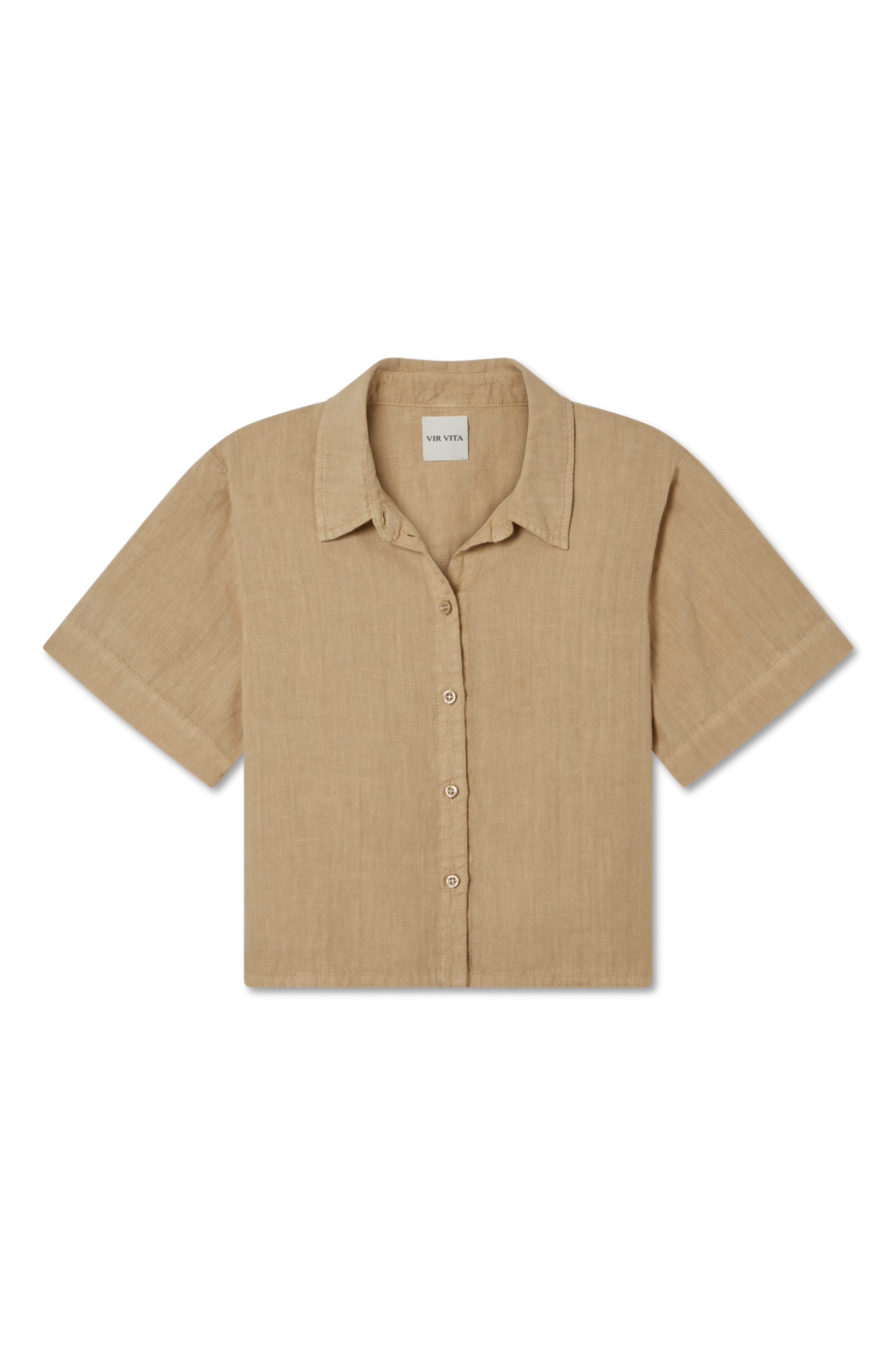 Sustainable toffee beige button up short sleeve 100% linen shirt featuring a minimalist collar and flattering silhouette - VIR VITA
#color_toffee