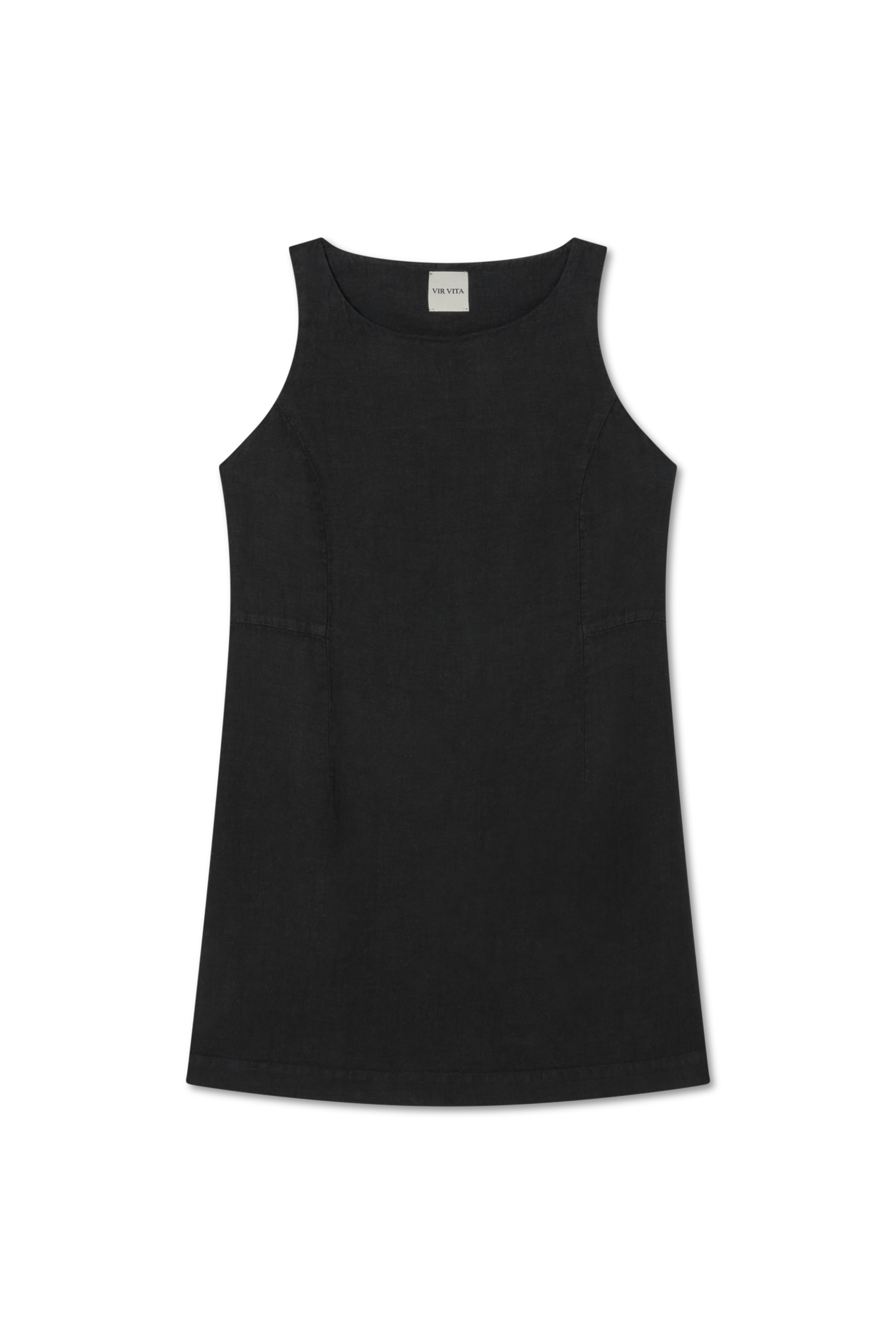 Sustainable 100% linen dress featuring a simple and comfortable silhouette in black- VIR VITA
#color_black