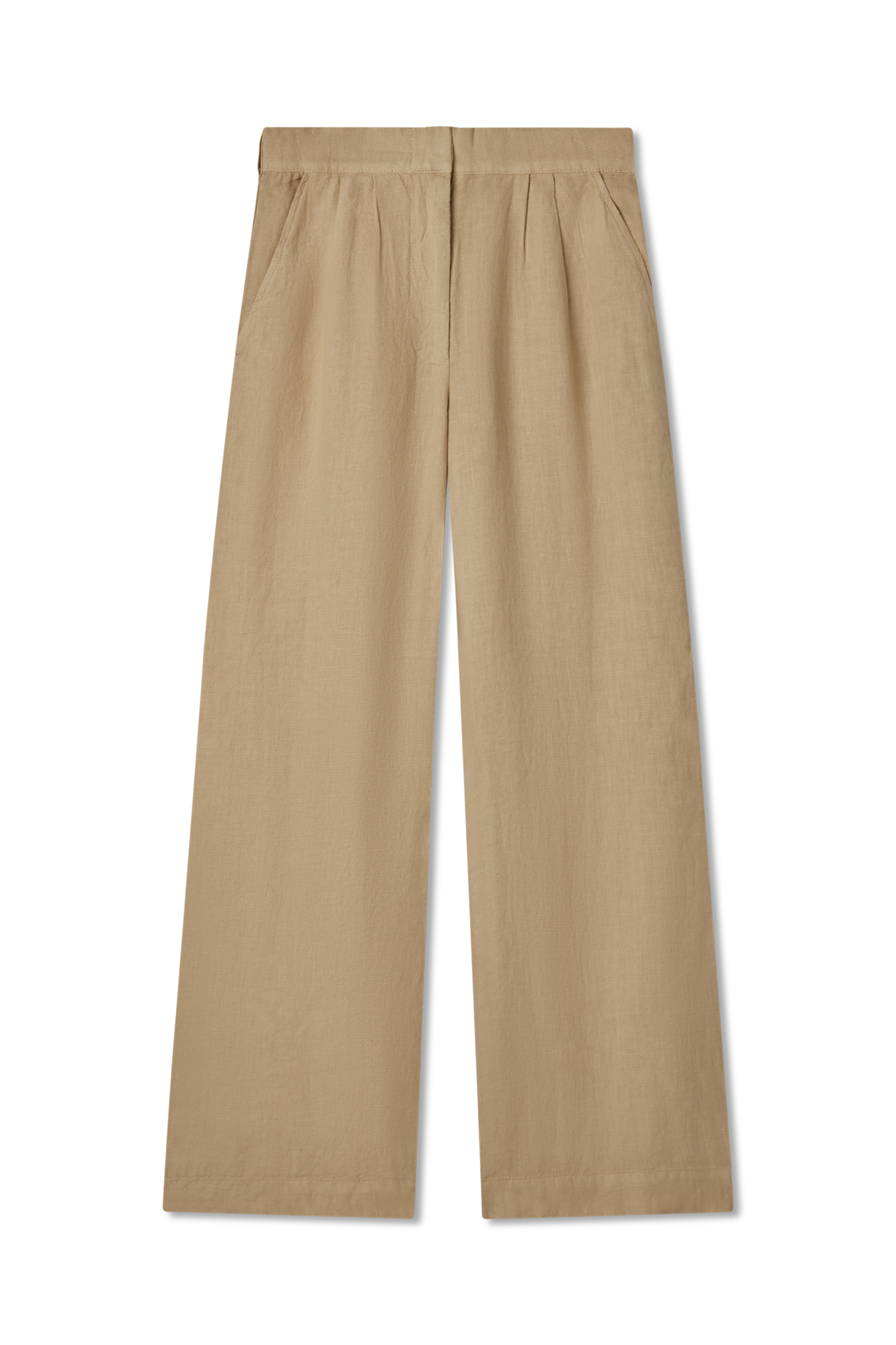 100% linen trouser featuring a high waisted double pleat silhouette in toffee beige- VIR VITA
#color_toffee