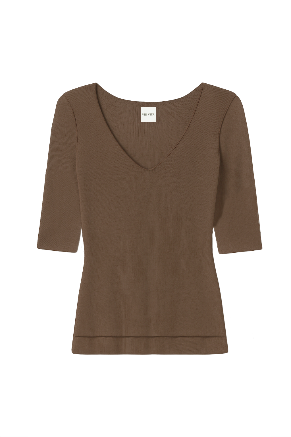 Flat image of a micro modal dark brown three-quarter sleeve v-neck top - VIR VITA
#color_chestnut