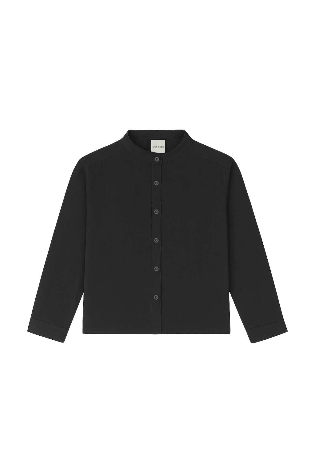 Flat image of a black button up 100% linen shirt with a band collar and cropped silhouette - VIR VITA
#color_black