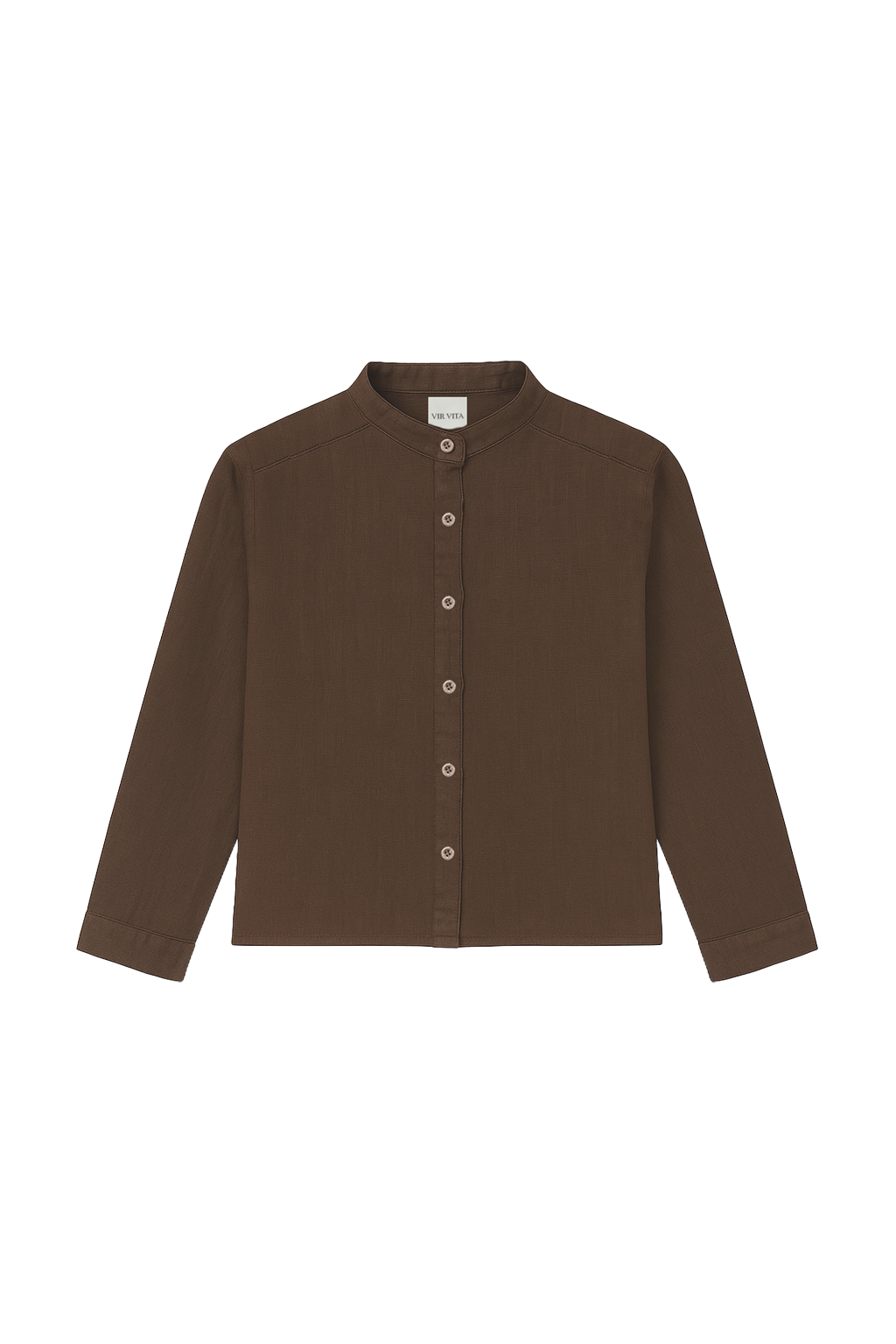 Flat image of a dark brown button up 100% linen shirt with a band collar and cropped silhouette - VIR VITA
#color_chestnut