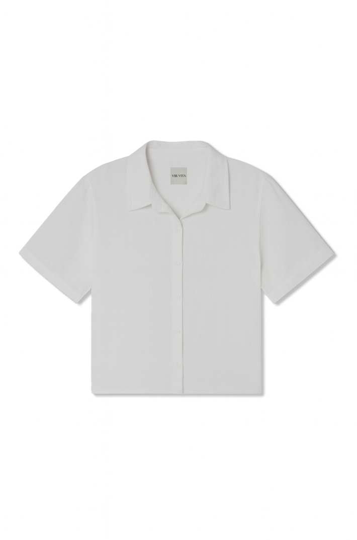 Sustainable white button up short sleeve 100% linen shirt featuring a minimalist collar and flattering silhouette - VIR VITA
#color_white