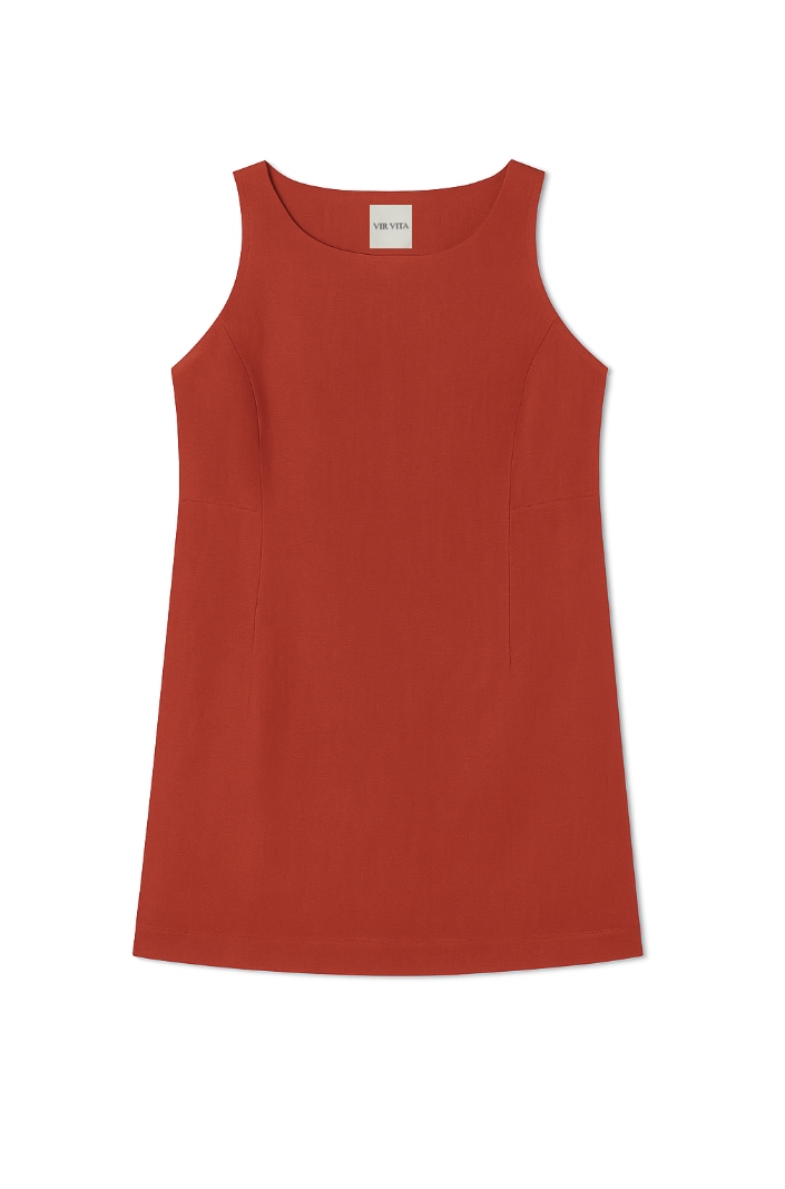 Flat image of a sustainable red 100% linen dress with a simple and comfortable silhouette - VIR VITA
#color_apple red