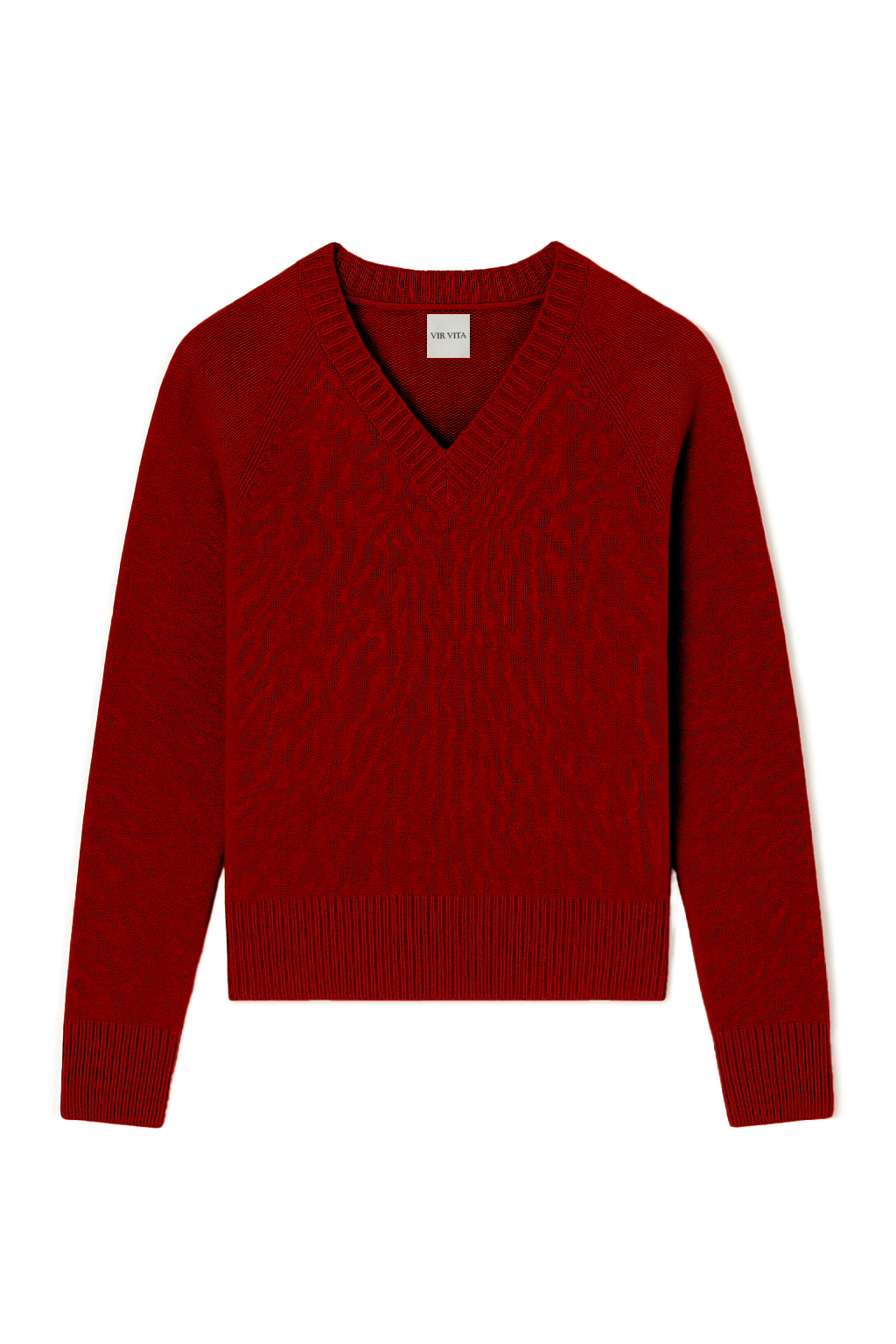 Flat image of an ultra-soft luxurious cashmere pullover sweater featuring a v-neck design in red - VIR VITA
#color_cherry