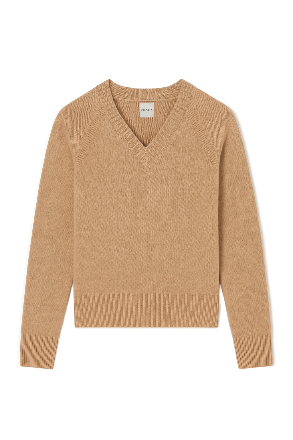 Flat image of an ultra-soft luxurious cashmere pullover sweater featuring a v-neck design in a light brown color - VIR VITA
#color_desert