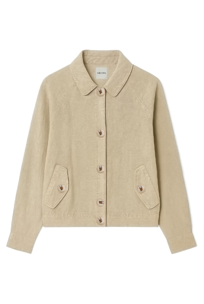 Flat image of a sustainable beige 100% linen barn jacket - VIR VITA
#color_beige