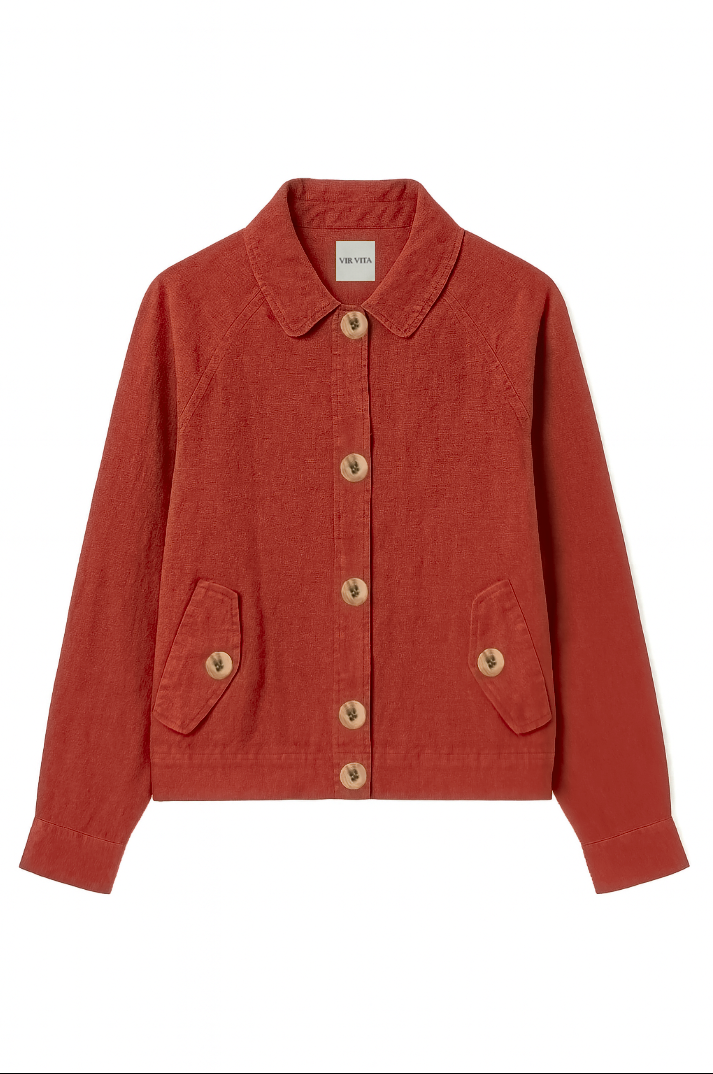 Flat image of a sustainable red 100% linen barn jacket - VIR VITA
#color_apple red
