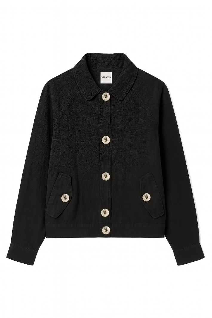 Flat image of a sustainable black 100% linen barn jacket - VIR VITA
#color_black