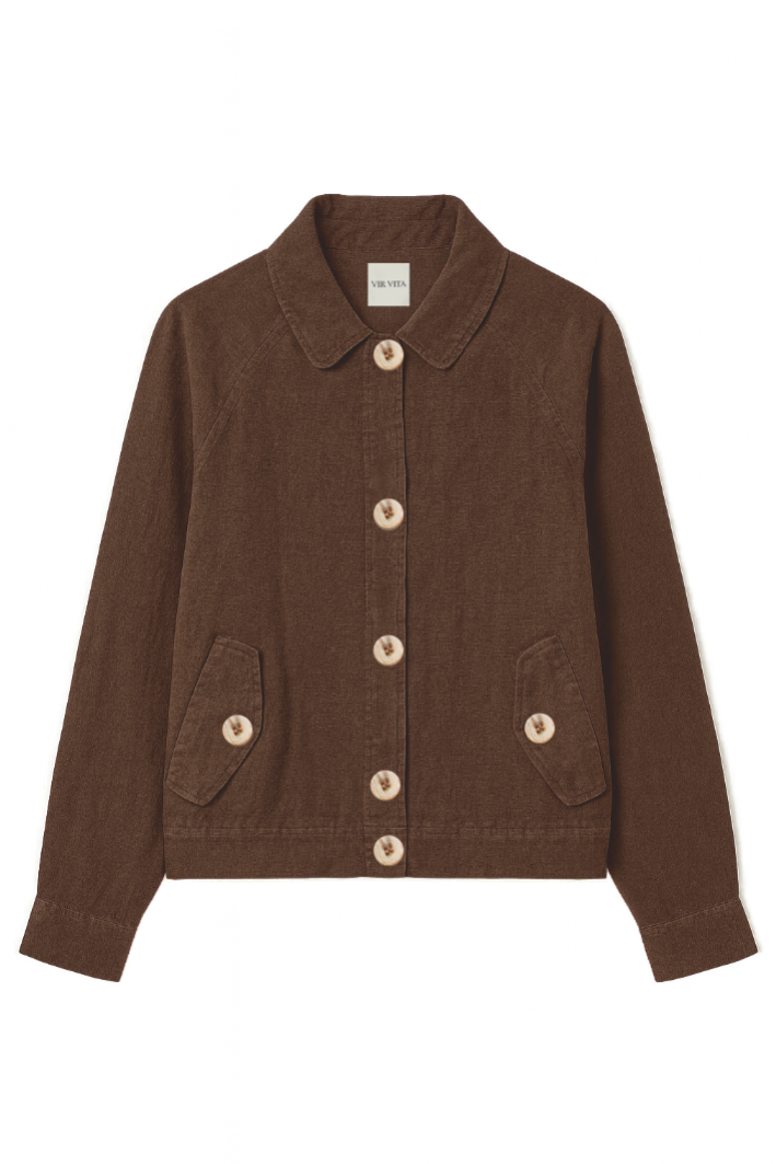 Flat image of a sustainable dark brown 100% linen barn jacket - VIR VITA
#color_chestnut