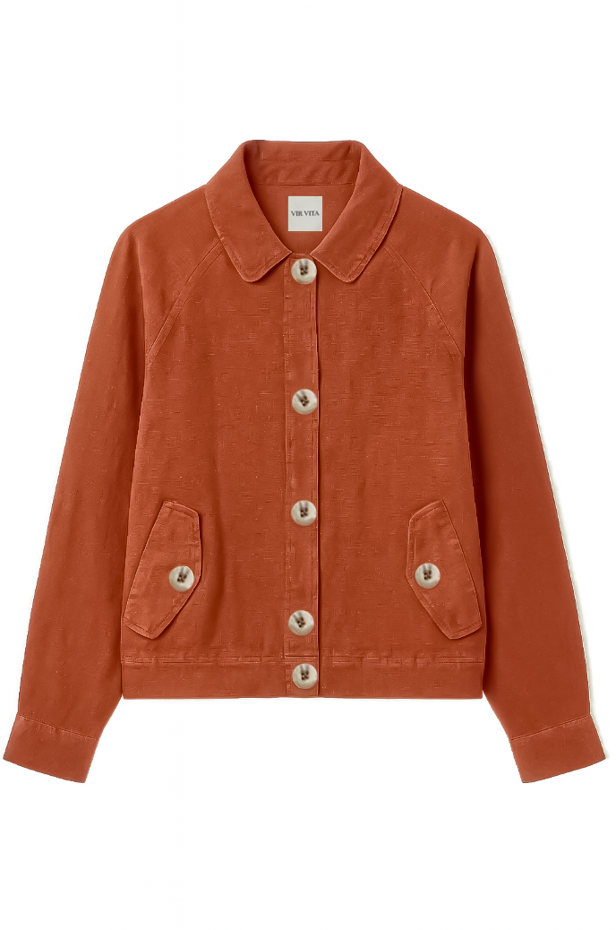 Flat image of a sustainable burnt orange 100% linen barn jacket - VIR VITA
#color_sedona