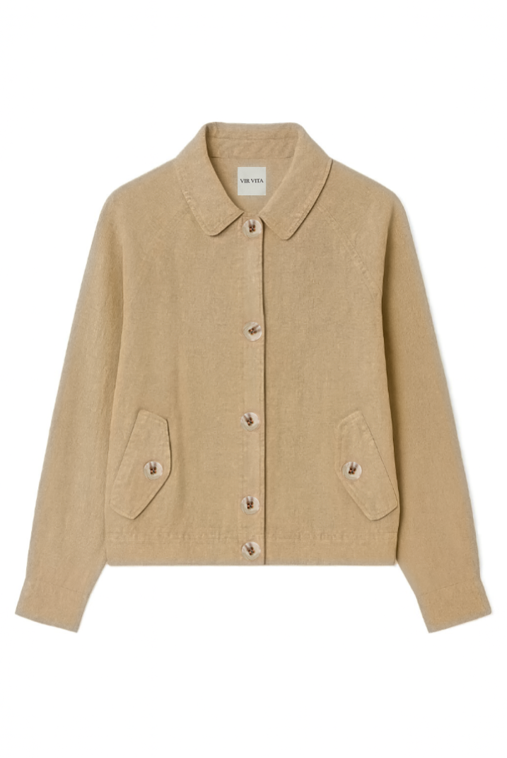 Flat image of a sustainable toffee beige 100% linen barn jacket - VIR VITA
#color_toffee