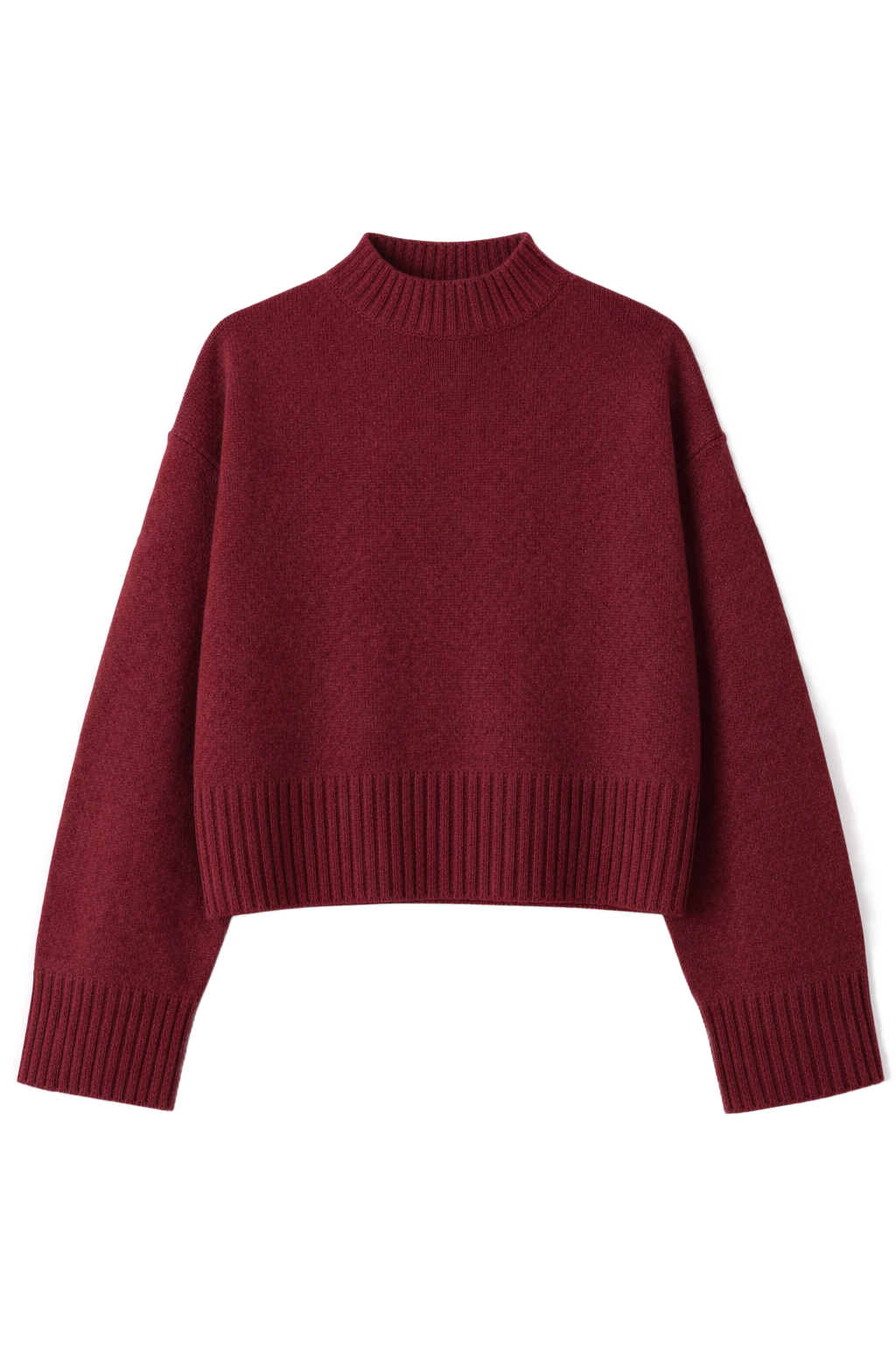 Flat image of a classic mock neck cashmere sweater in a deep merlot red. Knit from grade A cashmere with wide balloon sleeves and dropped shoulders for an effortless silhouette. - VIR VITA
#color_merlot