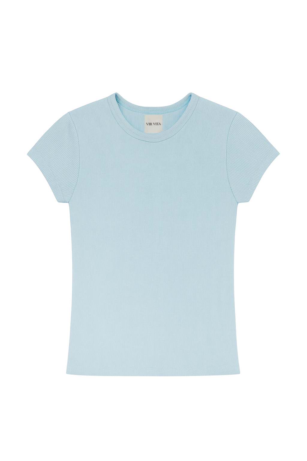 Flat image of a sustainable light blue modal knit fitted tee with a classic silhouette - VIR VITA
#color_baby blue