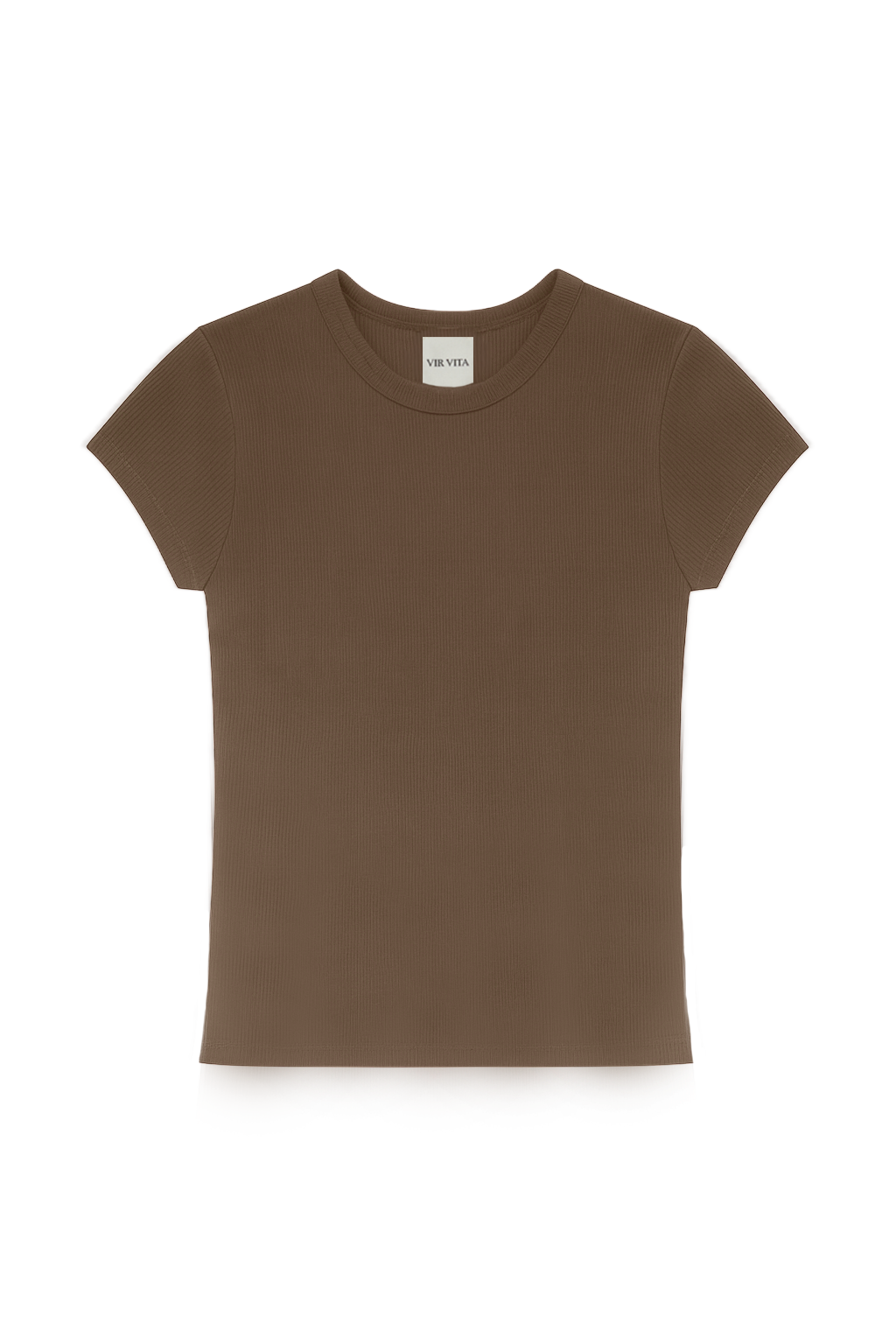Flat image of a sustainable dark brown modal knit fitted tee with a classic silhouette - VIR VITA
#color_chestnut