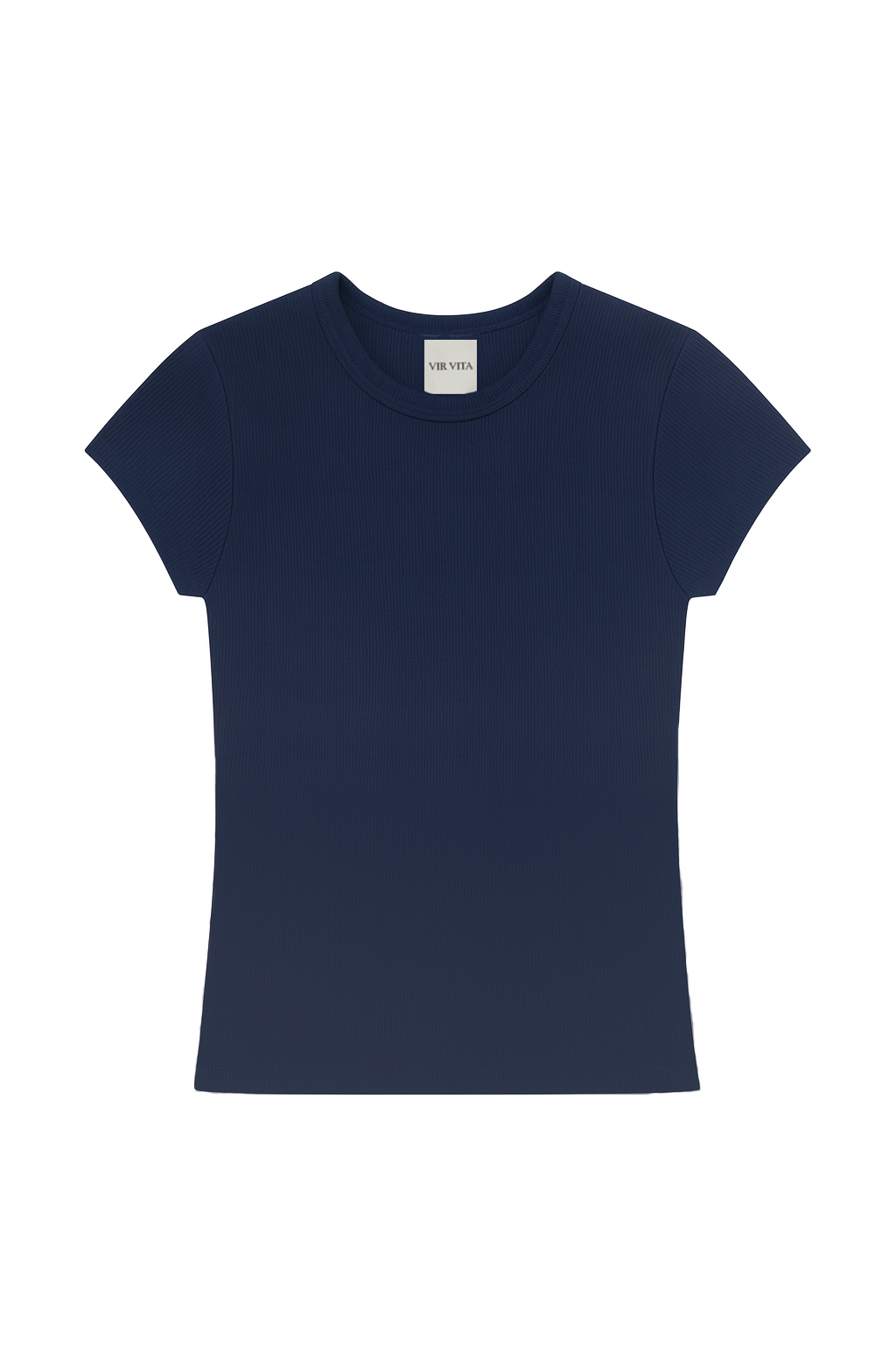 Flat image of a sustainable navy blue modal knit fitted tee with a classic silhouette - VIR VITA
#color_navy