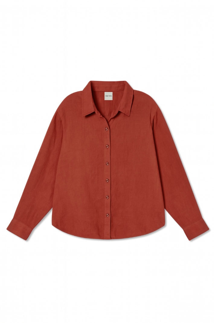 Flat image of an apple red colored sustainable oversized 100% linen button down long sleeve - VIR VITA
#color_apple red