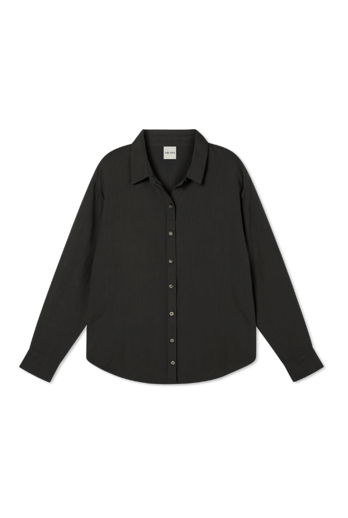 Flat image of a black colored sustainable oversized 100% linen button down long sleeve - VIR VITA
#color_black