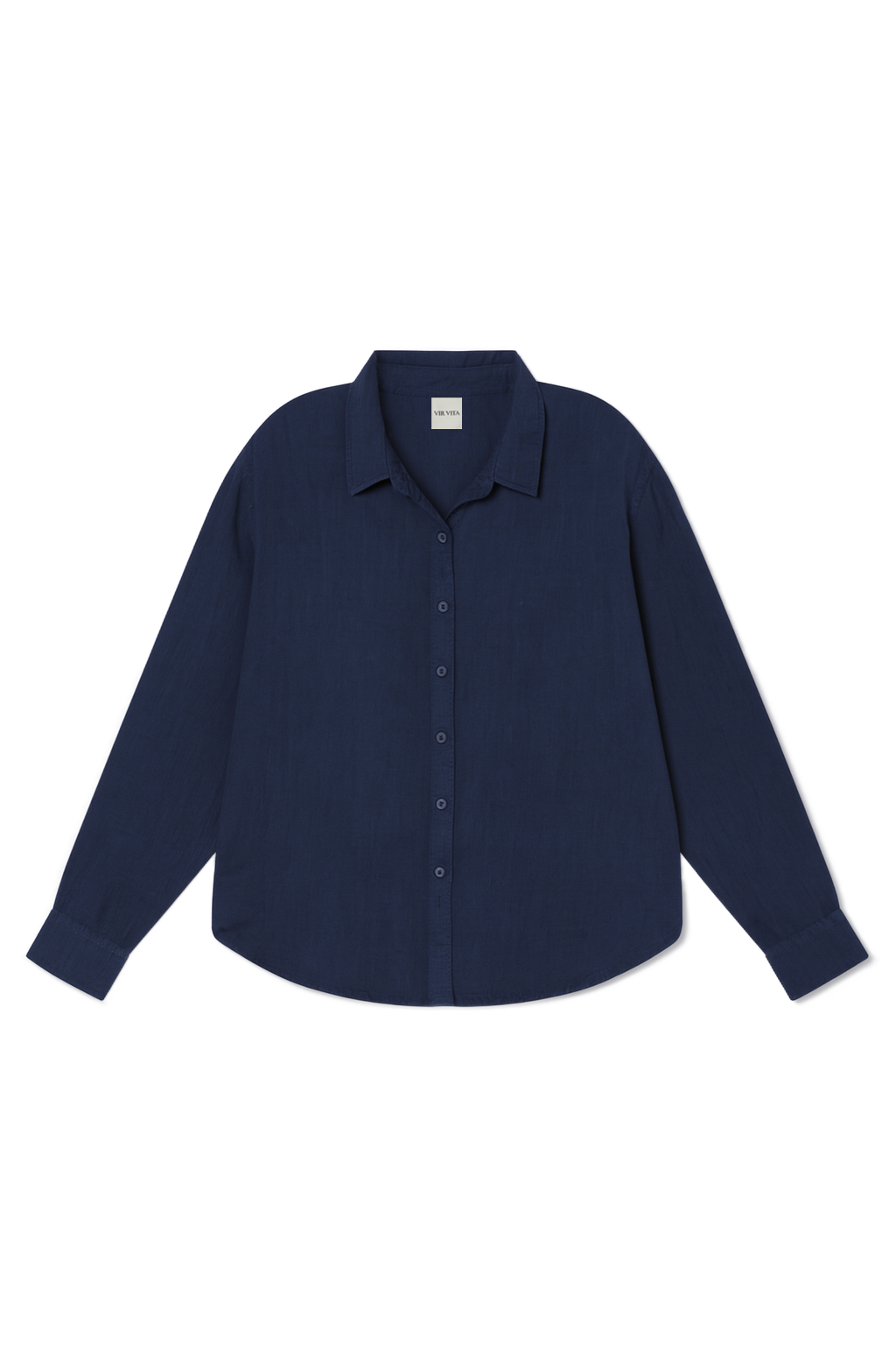 Flat image of a navy blue sustainable oversized 100% linen button down long sleeve- VIR VITA
#color_navy